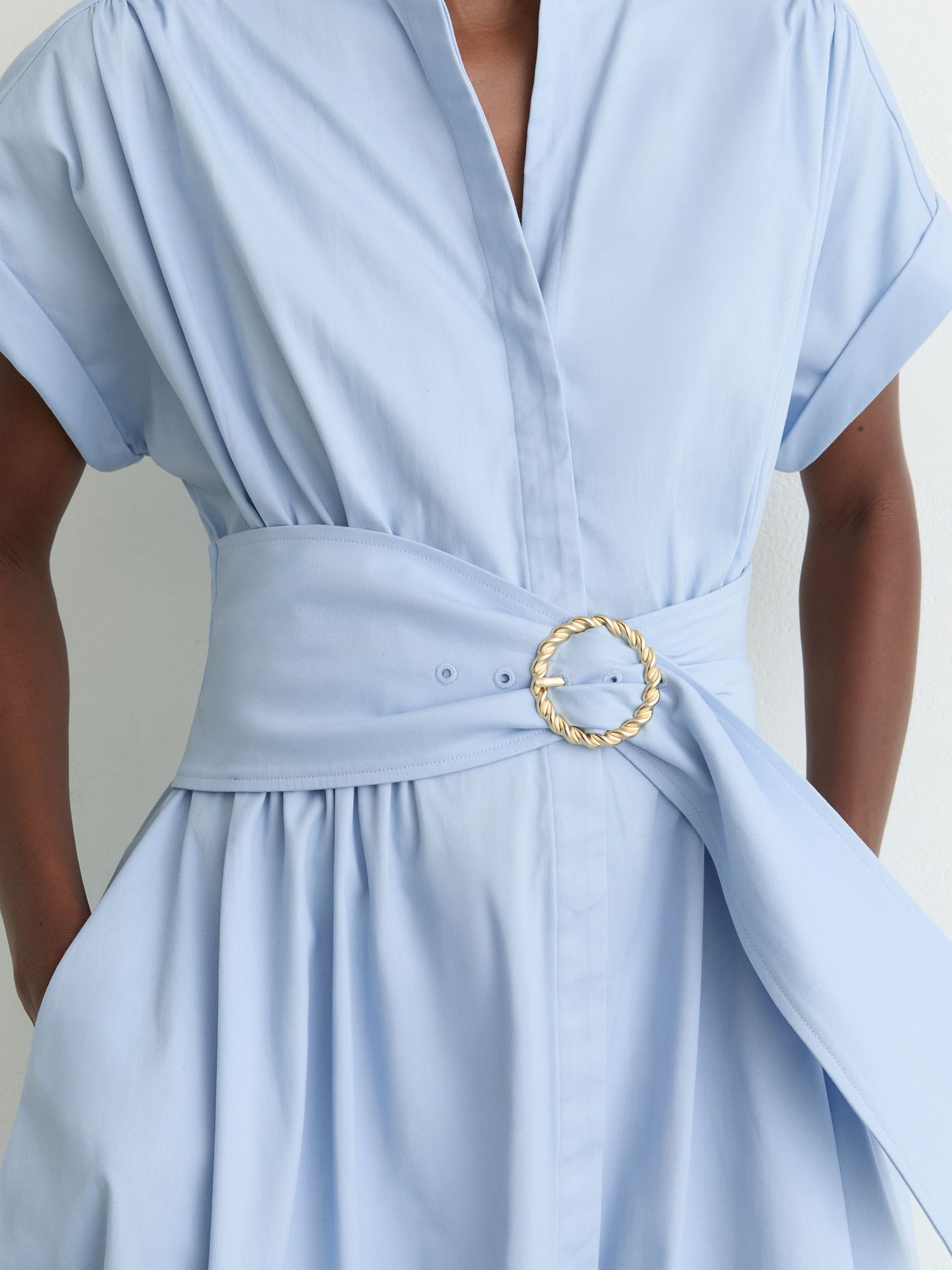 Petite Cotton Short-Sleeve Belted Midi Dress with Stretch in Blue - Image 5 of 8