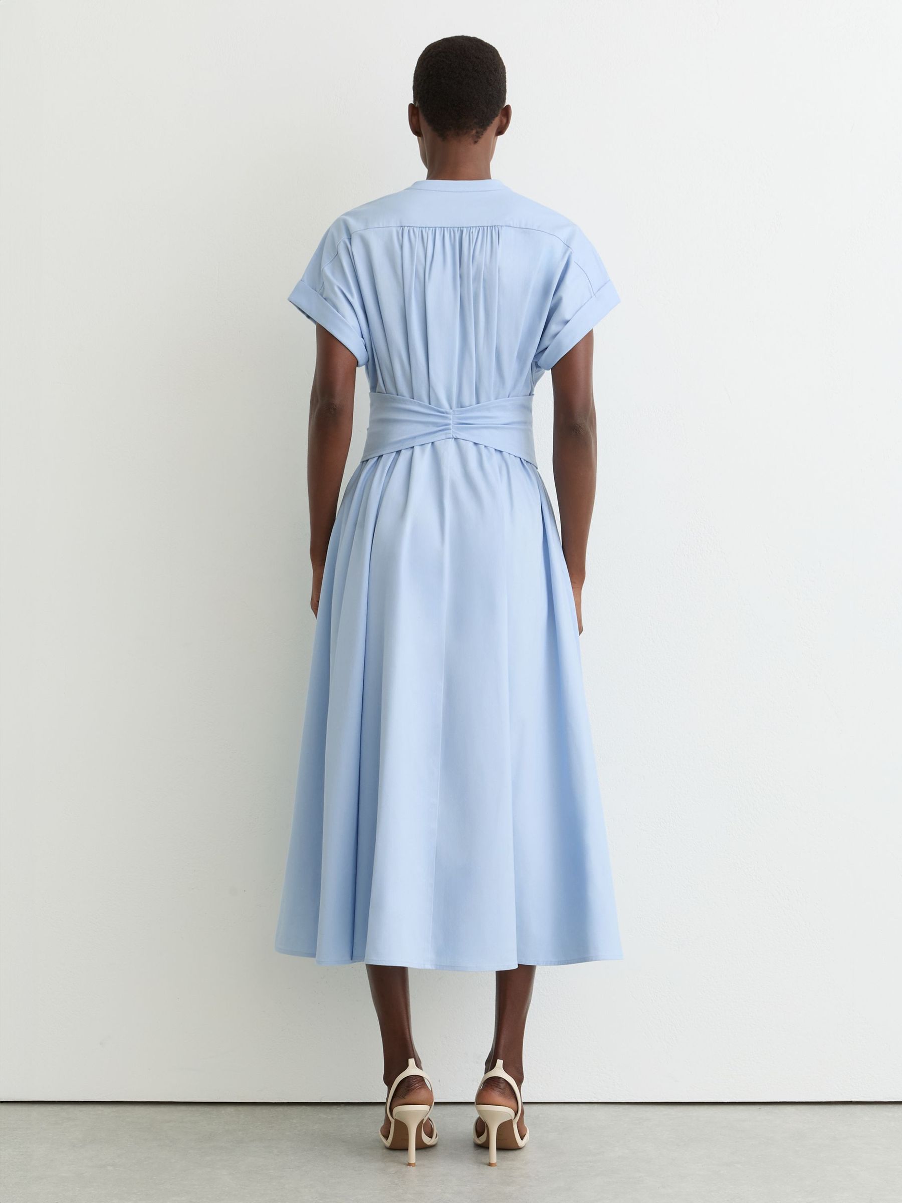 Petite Cotton Short-Sleeve Belted Midi Dress with Stretch in Blue - image 5