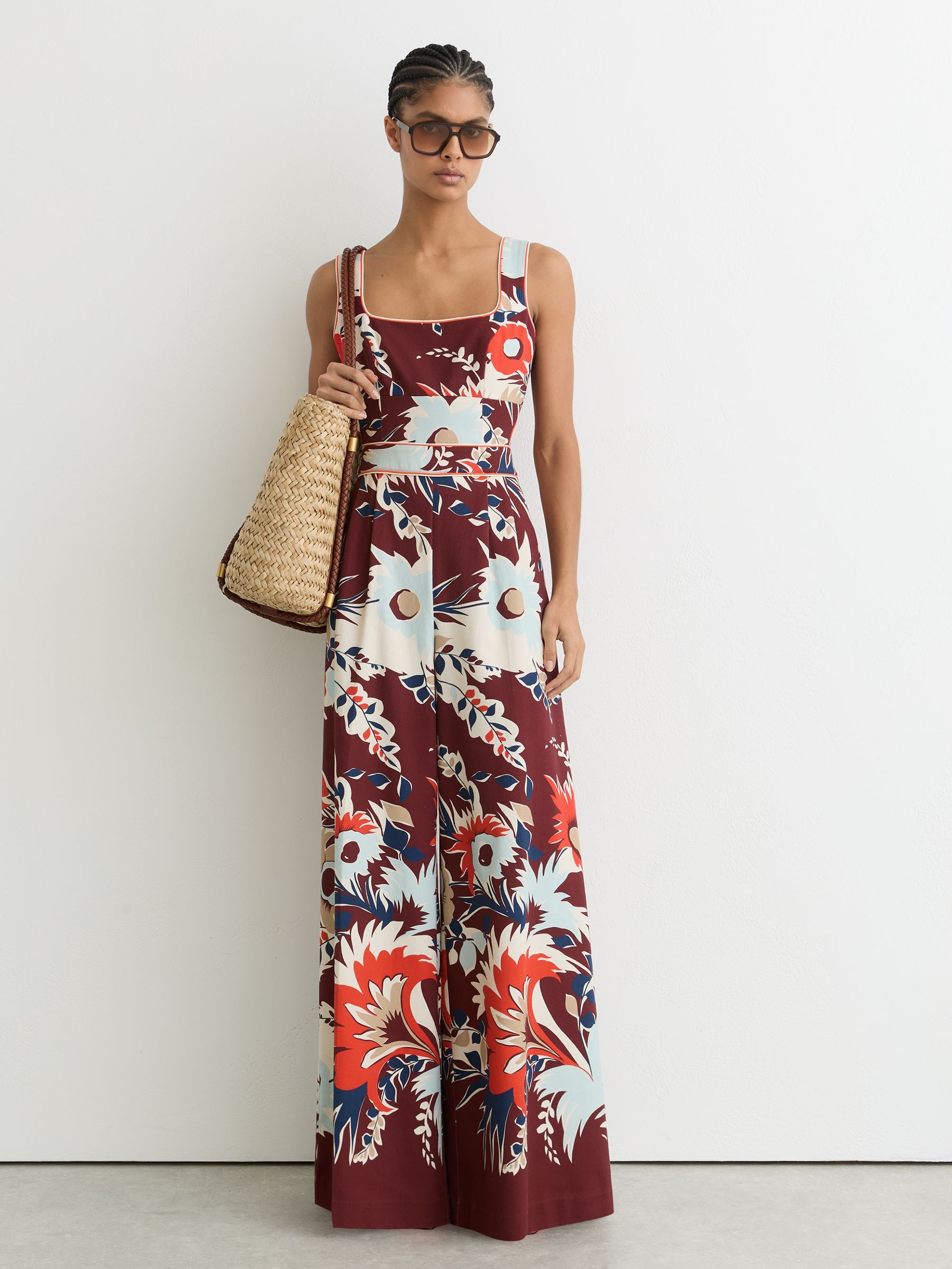 Cotton Wide-Leg Printed Jumpsuit in Burgundy - image 2