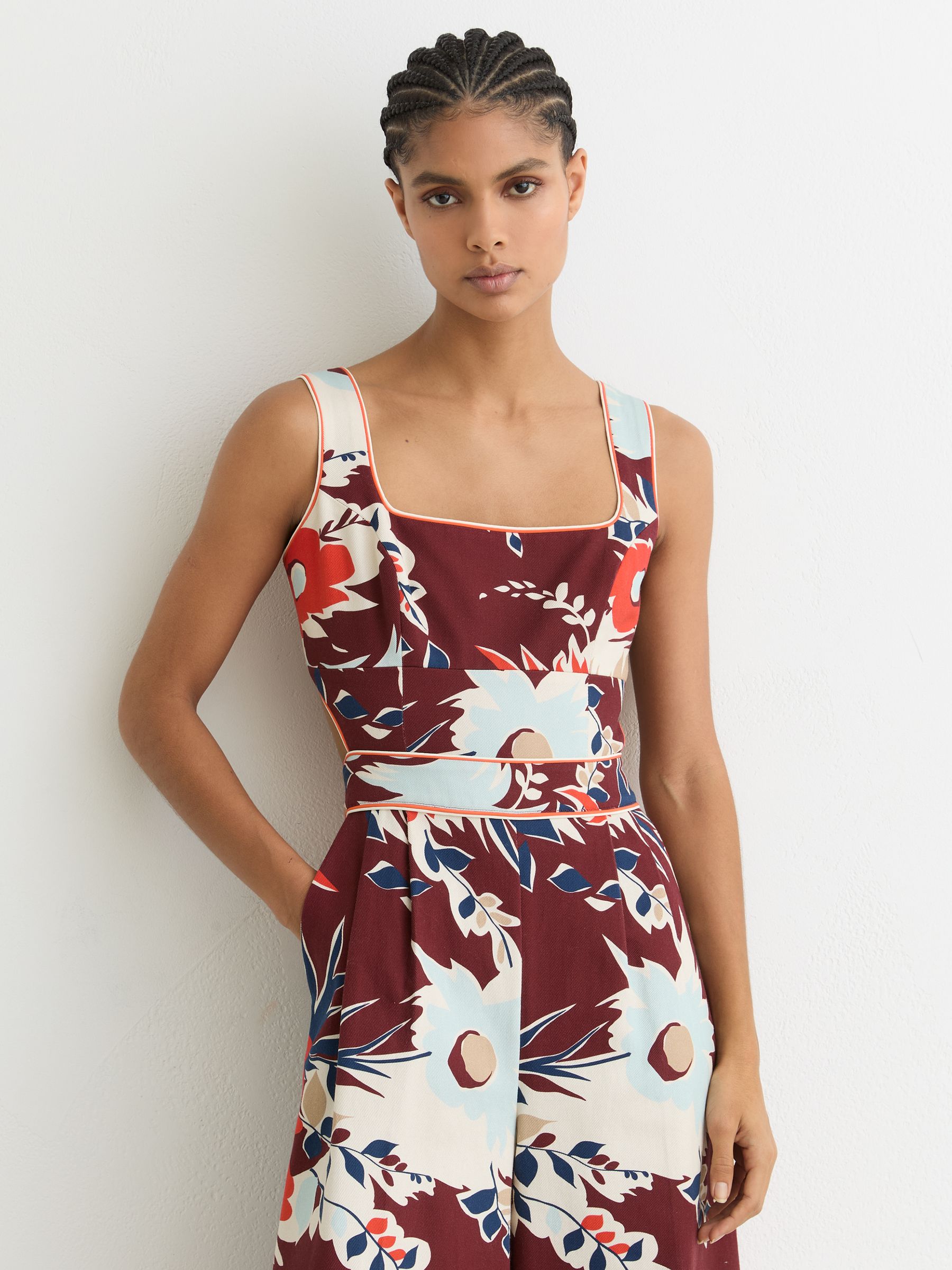 Cotton Wide-Leg Printed Jumpsuit in Burgundy - Image 3 of 6