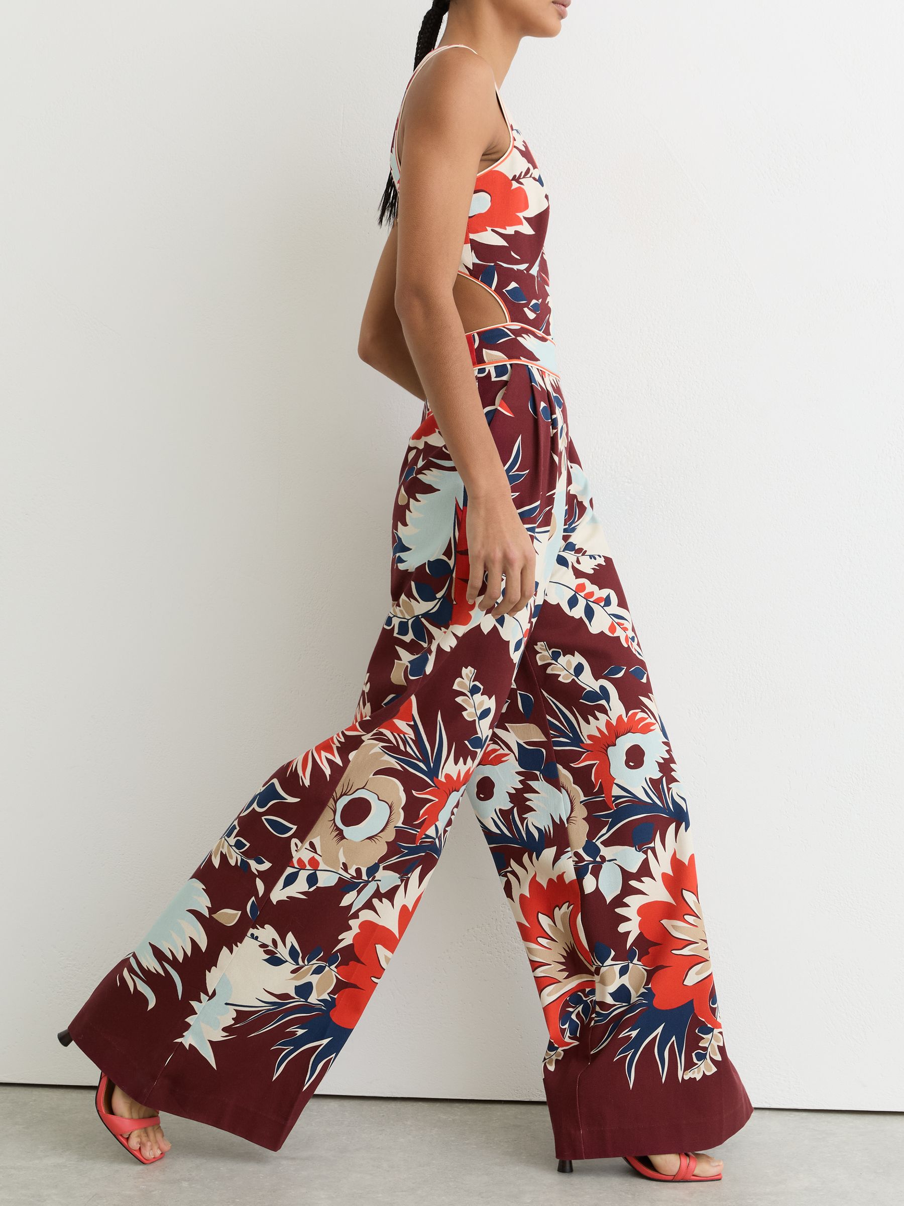 Cotton Wide-Leg Printed Jumpsuit in Burgundy - Image 4 of 6