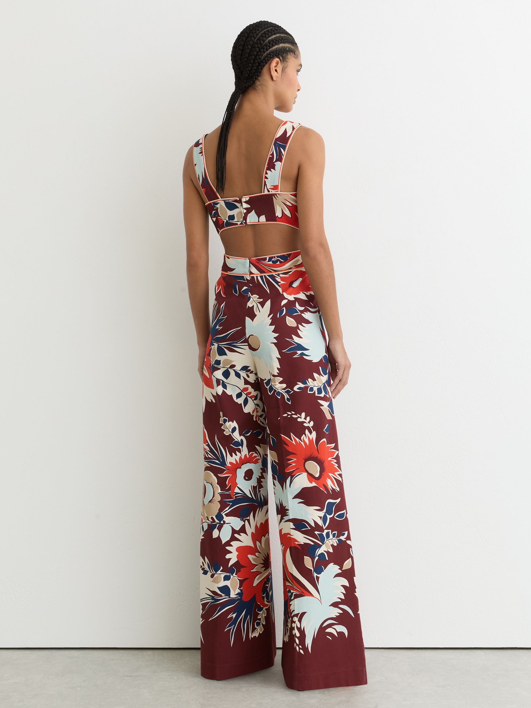 Cotton Wide-Leg Printed Jumpsuit in Burgundy - Image 5 of 6