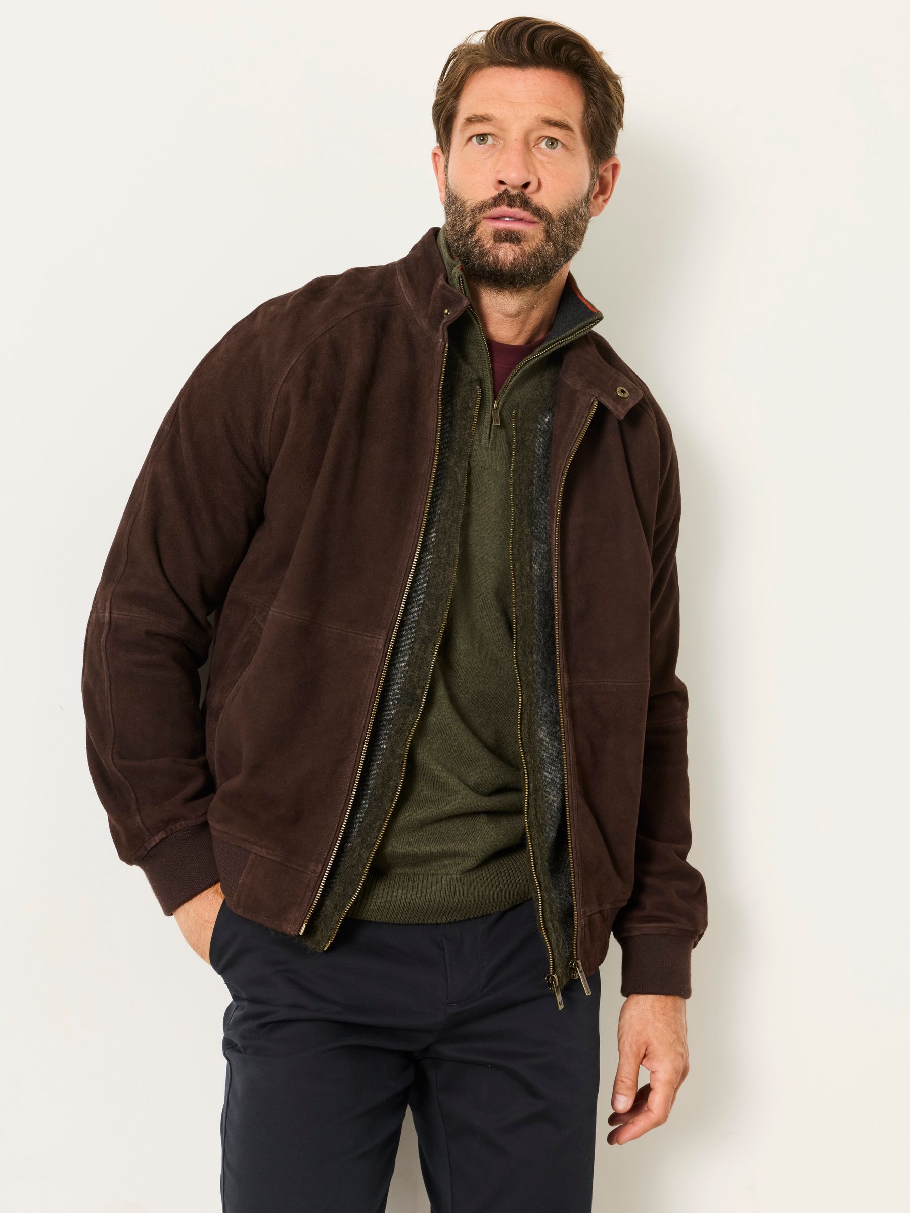 Suede Bomber Jacket in Chocolate Brown - Image 1 of 6