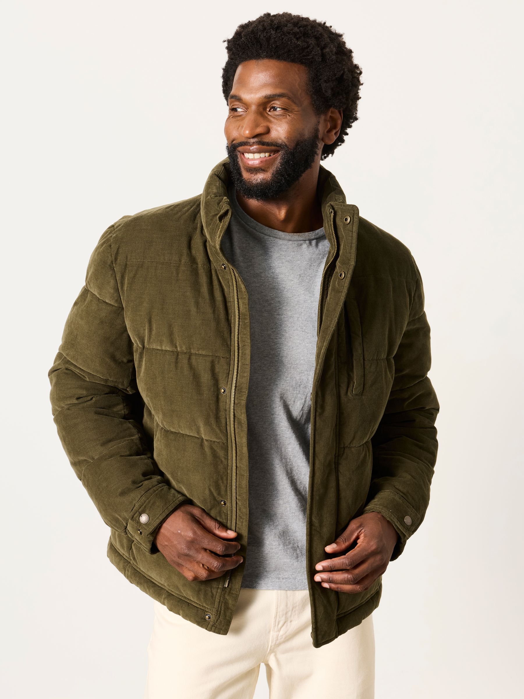 Cord Padded Jacket in Khaki Green - Image 1 of 6