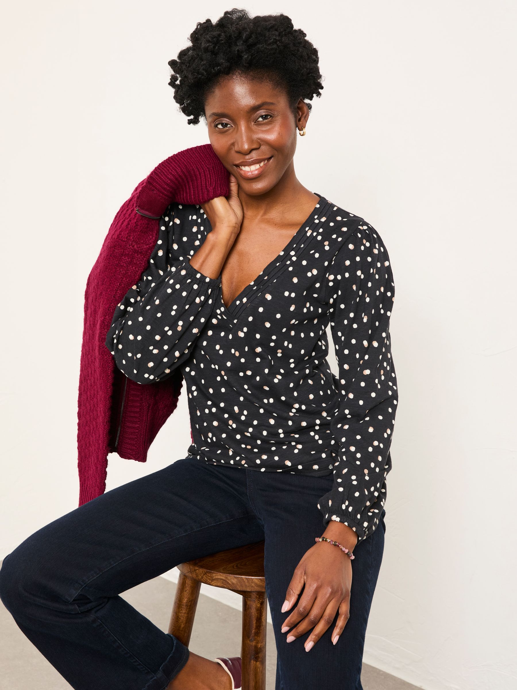 Margot Black Spot V Neck Top - Image 5 of 6