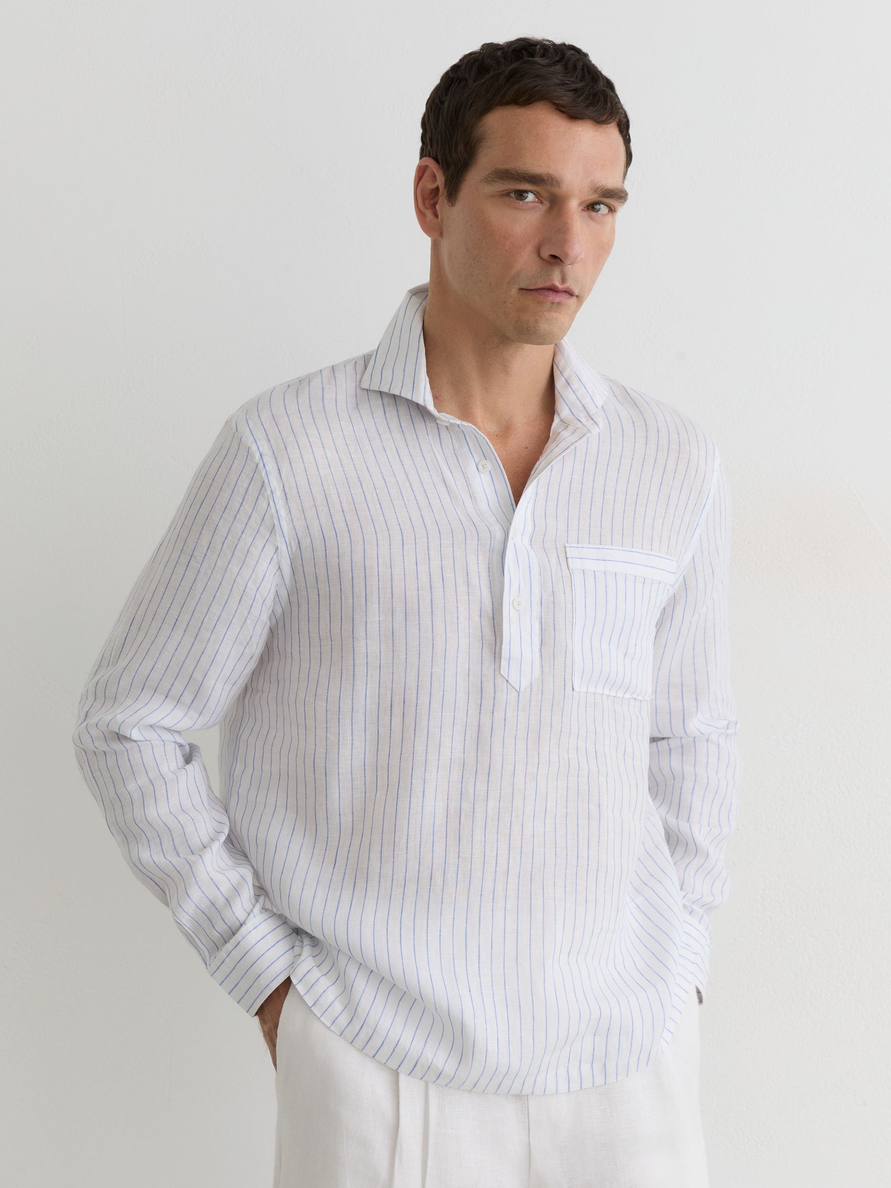 Linen Pinstripe Half-Button Shirt Regular-Fit in Airforce Blue/White Stripe - image 2