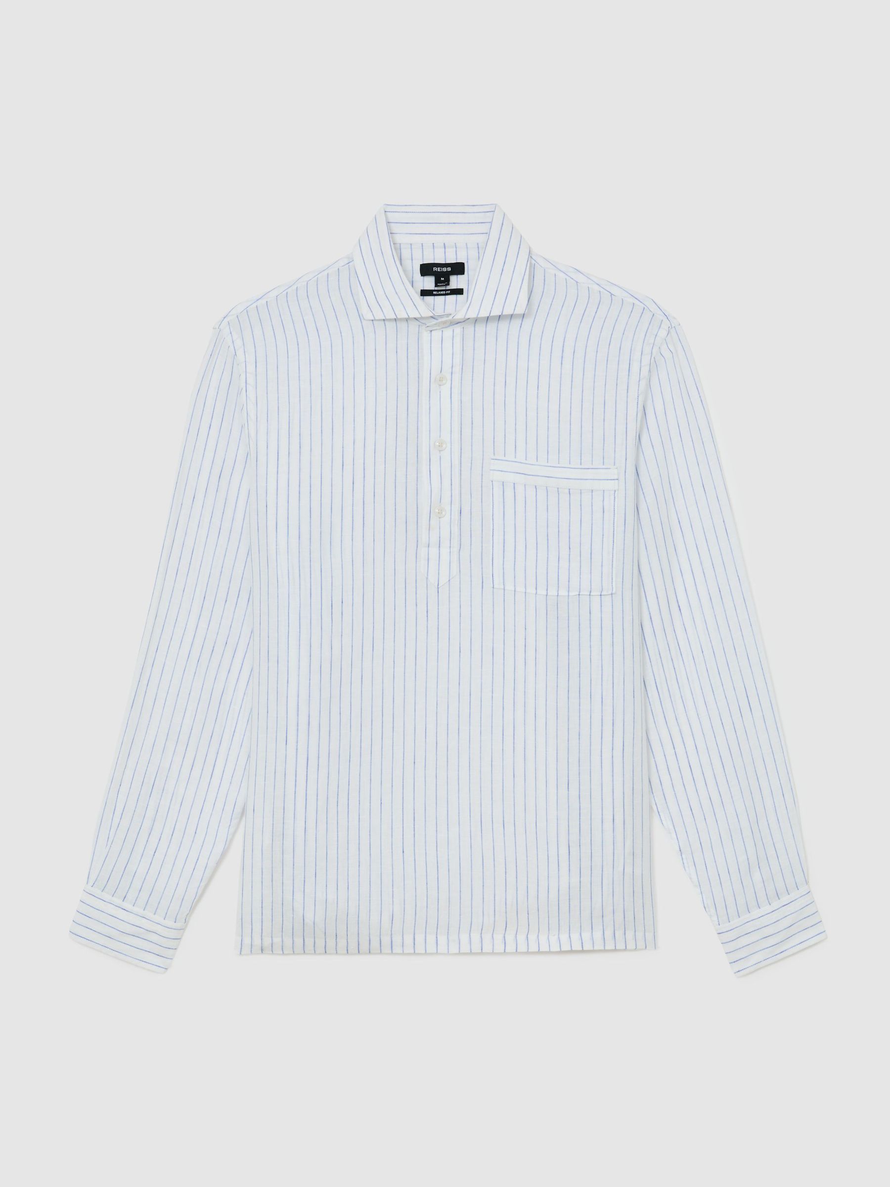 Linen Pinstripe Half-Button Shirt Regular-Fit in Airforce Blue/White Stripe