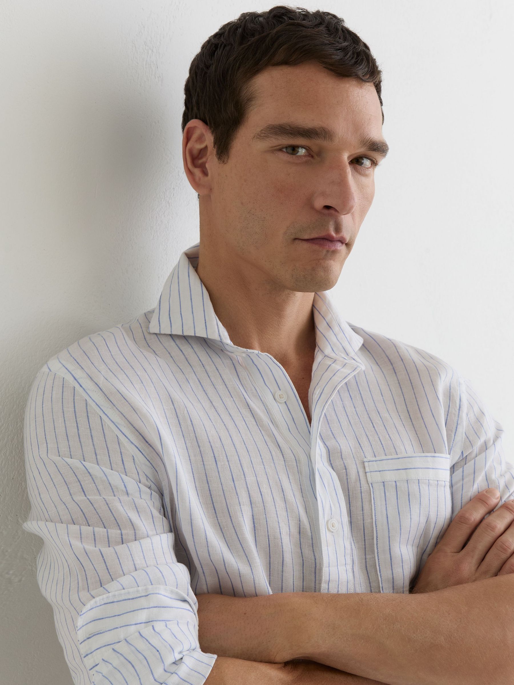 Linen Pinstripe Half-Button Shirt Regular-Fit in Airforce Blue/White Stripe - image 5