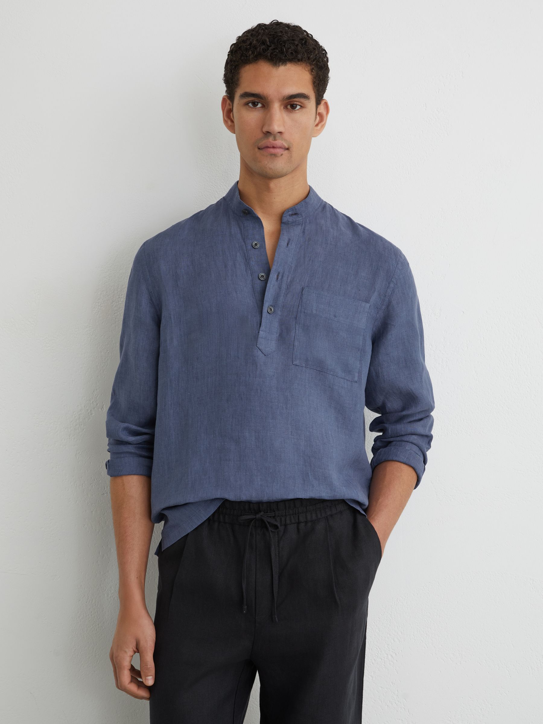 Linen Grandad-Collar Half-Button Shirt Regular-Fit in Denim Blue - Image 1 of 6