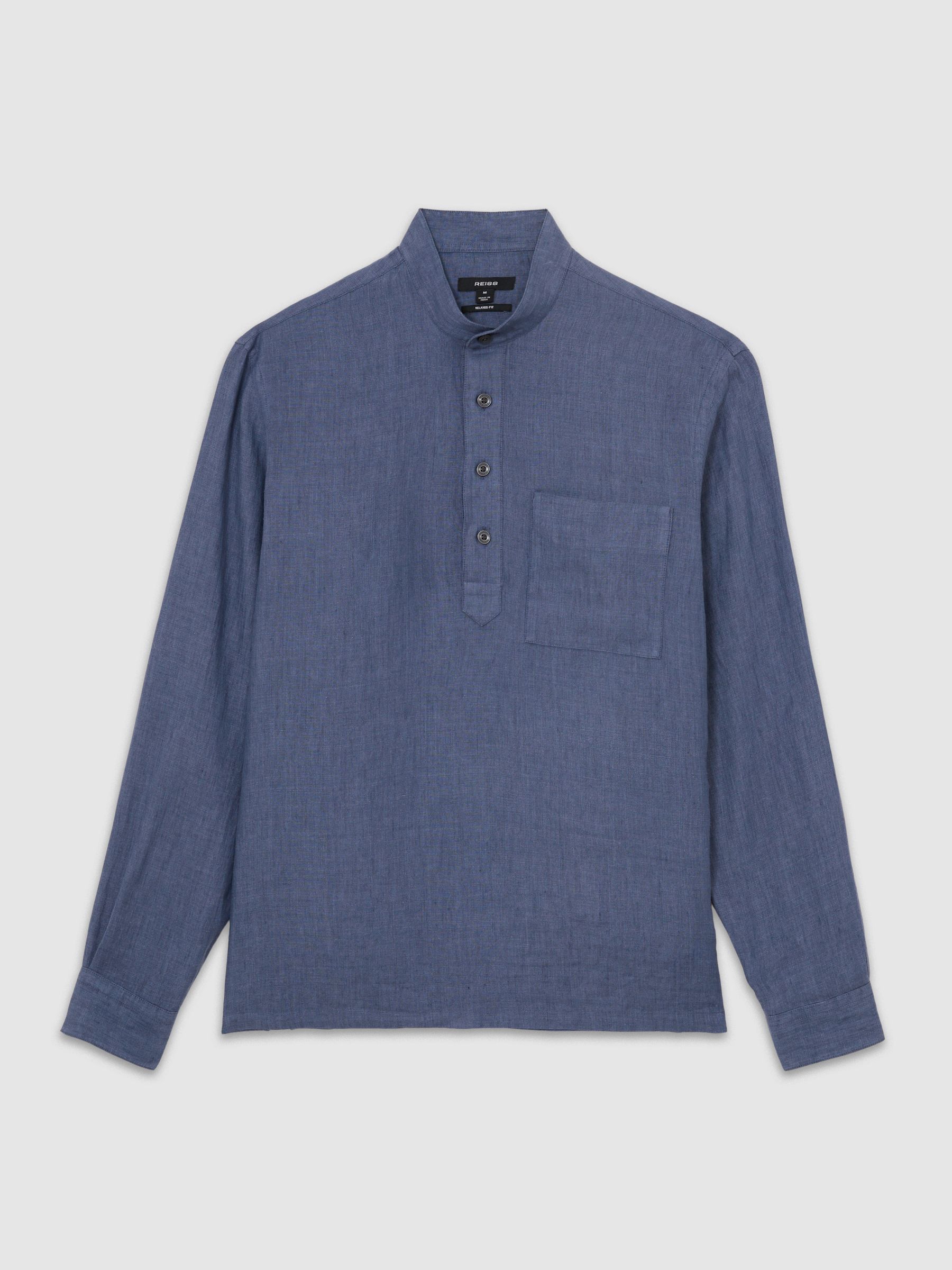 Linen Grandad-Collar Half-Button Shirt Regular-Fit in Denim Blue - Image 2 of 6