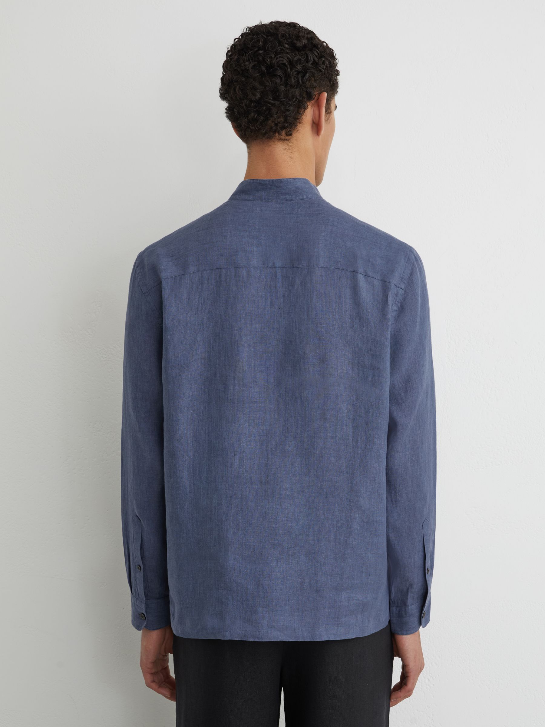 Linen Grandad-Collar Half-Button Shirt Regular-Fit in Denim Blue - image 4