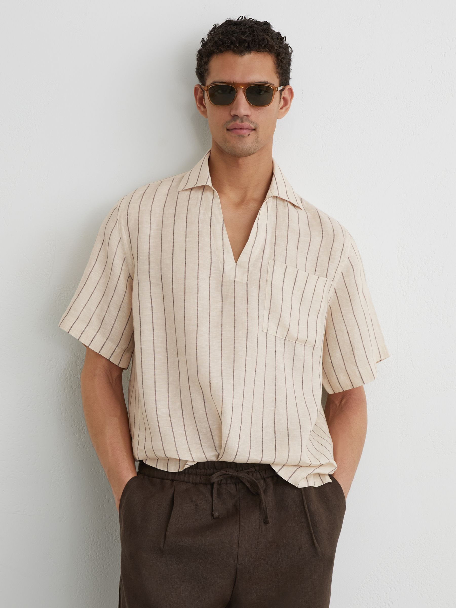 Linen Pinstripe Open-Collar Shirt in Oatmeal Brown - Image 1 of 6 Linen Pinstripe Open-Collar Shirt in Oatmeal Brown - Image 1 of 6