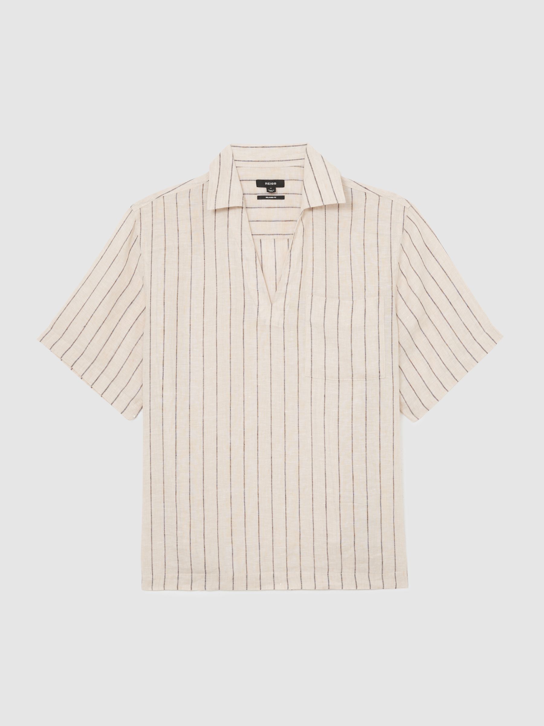 Linen Pinstripe Open-Collar Shirt in Oatmeal Brown - image 1