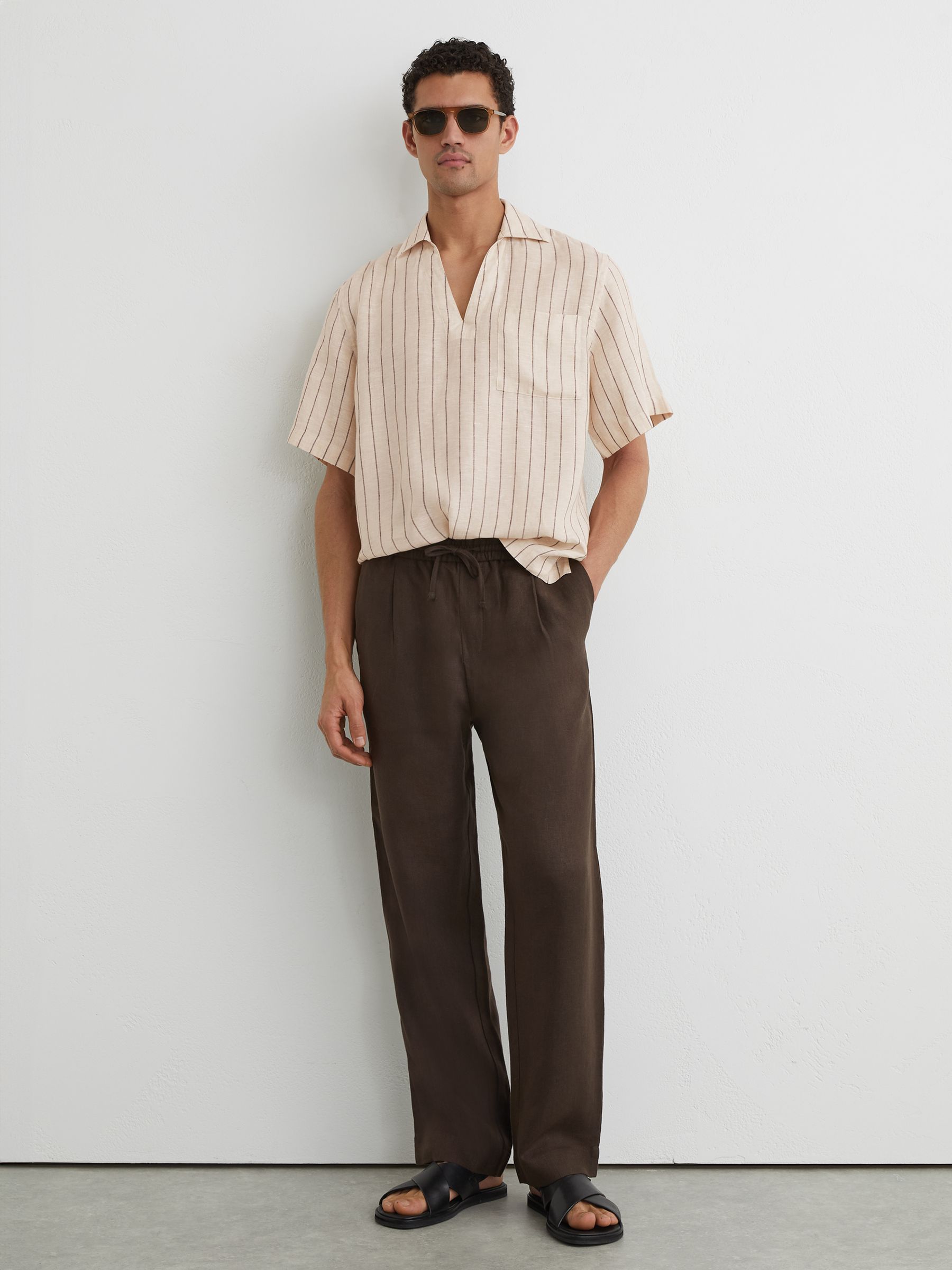 Linen Pinstripe Open-Collar Shirt in Oatmeal Brown - Image 3 of 6