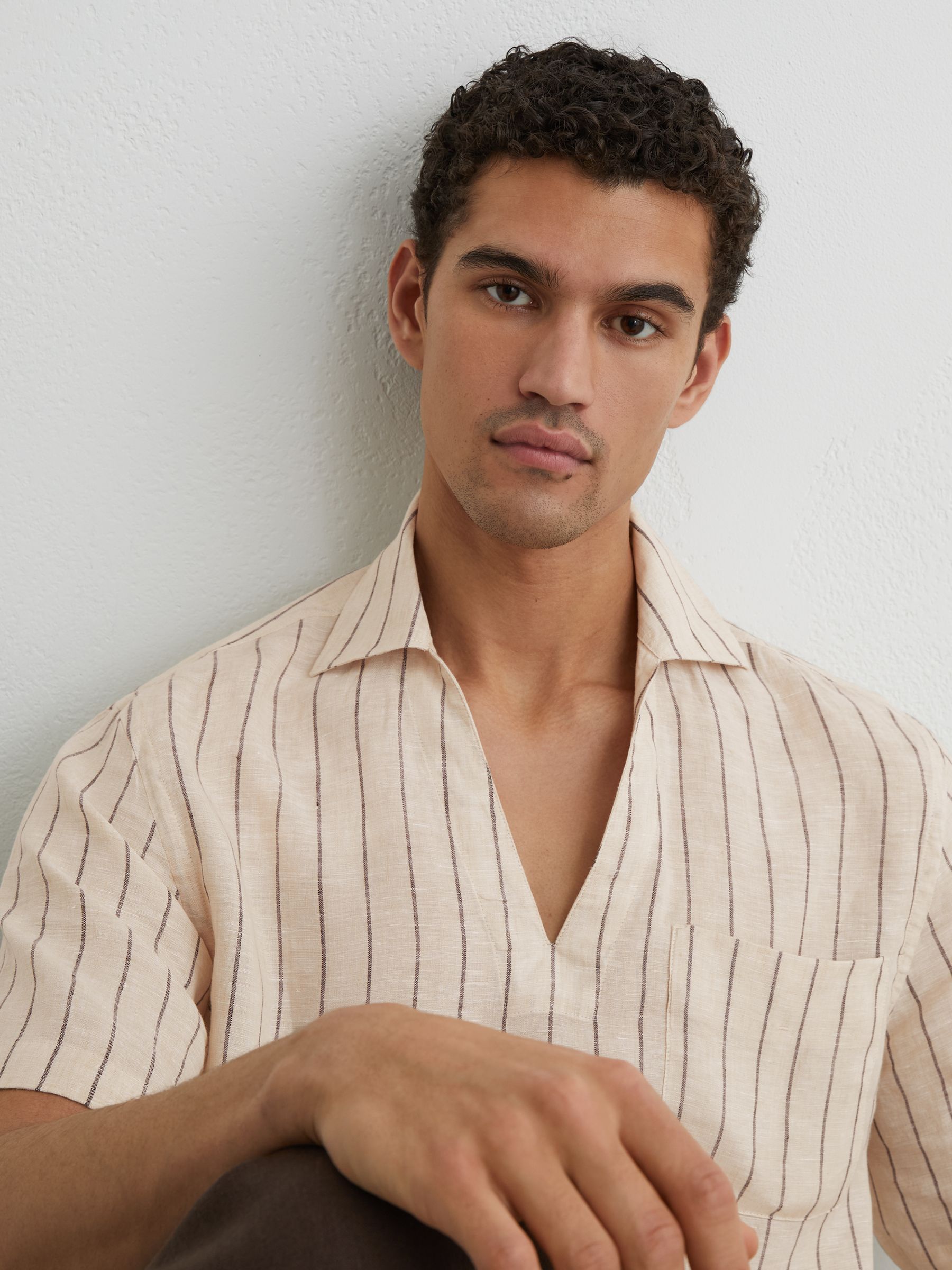 Linen Pinstripe Open-Collar Shirt in Oatmeal Brown - image 5