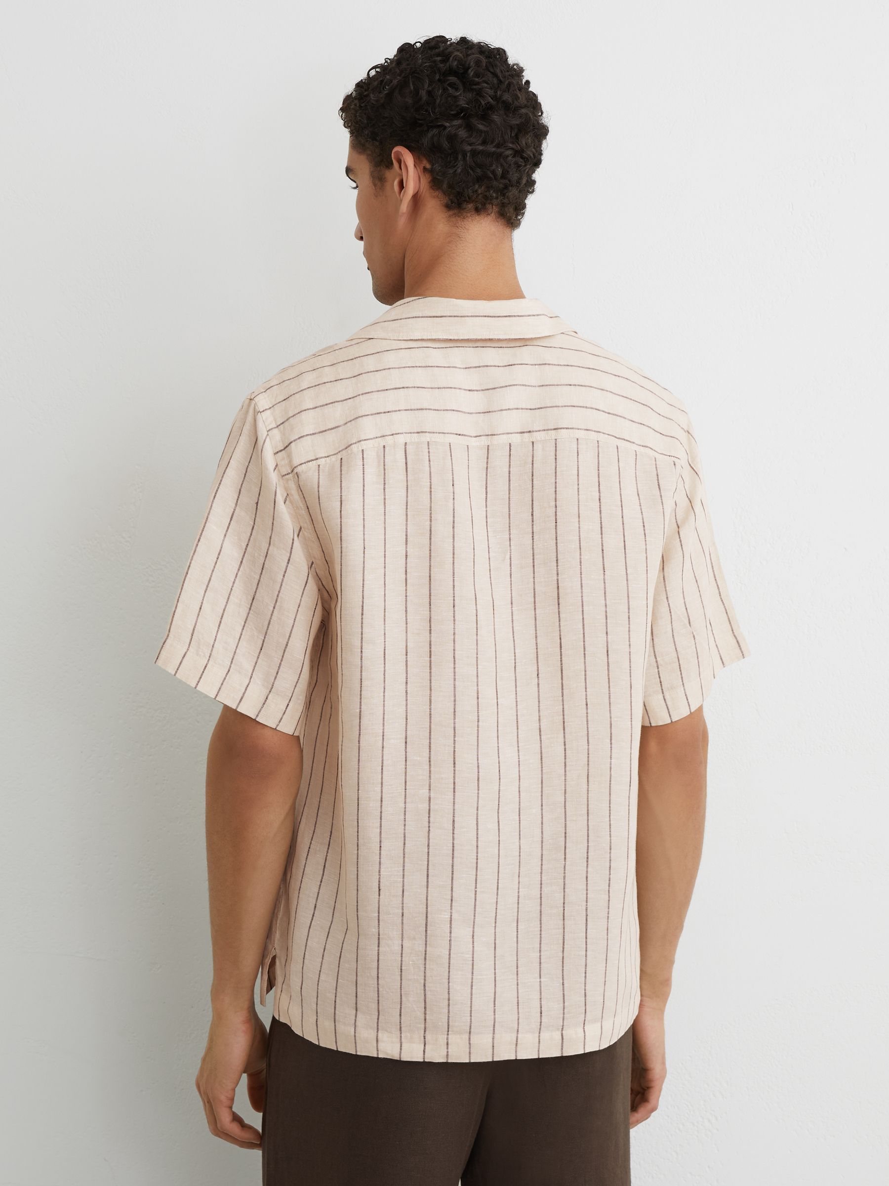 Linen Pinstripe Open-Collar Shirt in Oatmeal Brown - image 4