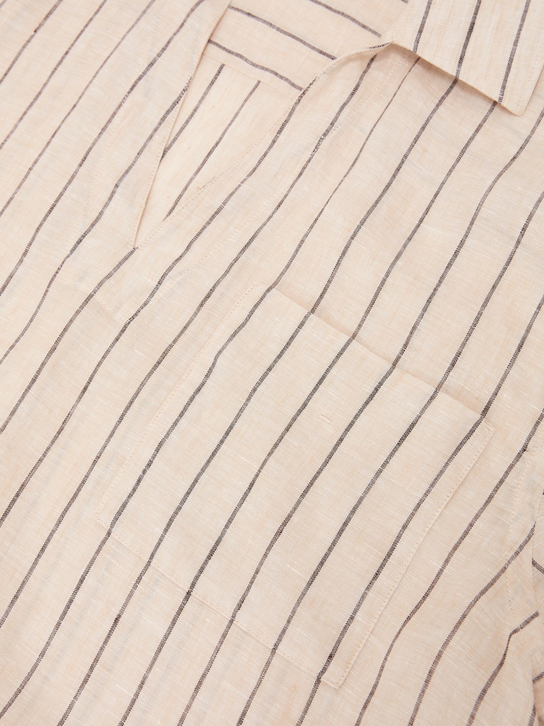 Linen Pinstripe Open-Collar Shirt in Oatmeal Brown - image 3