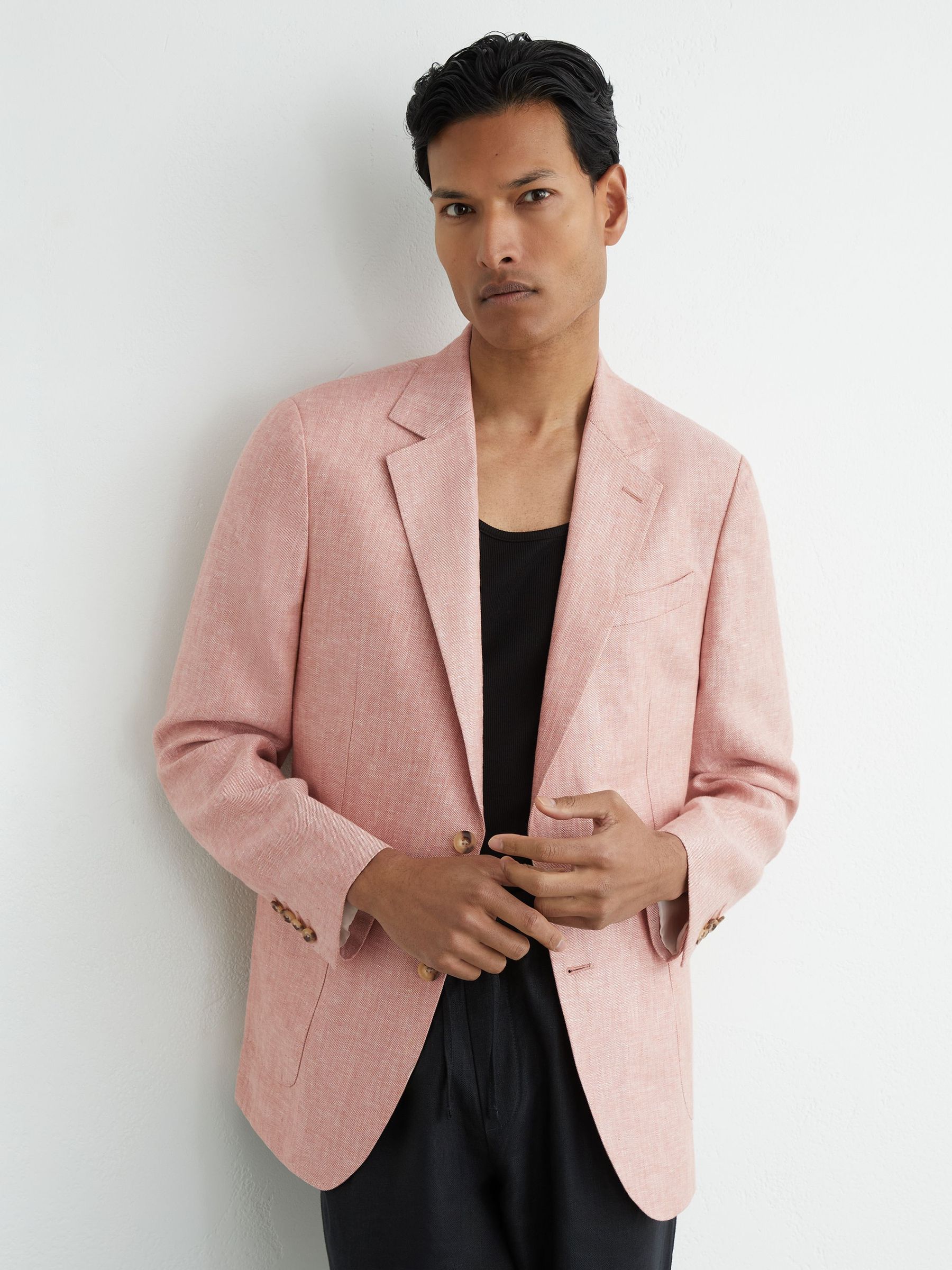 Tailored-Fit Linen-Twill Single-Breasted Blazer in Plum Pink - Image 1 of 7 Tailored-Fit Linen-Twill Single-Breasted Blazer in Plum Pink - Image 1 of 7