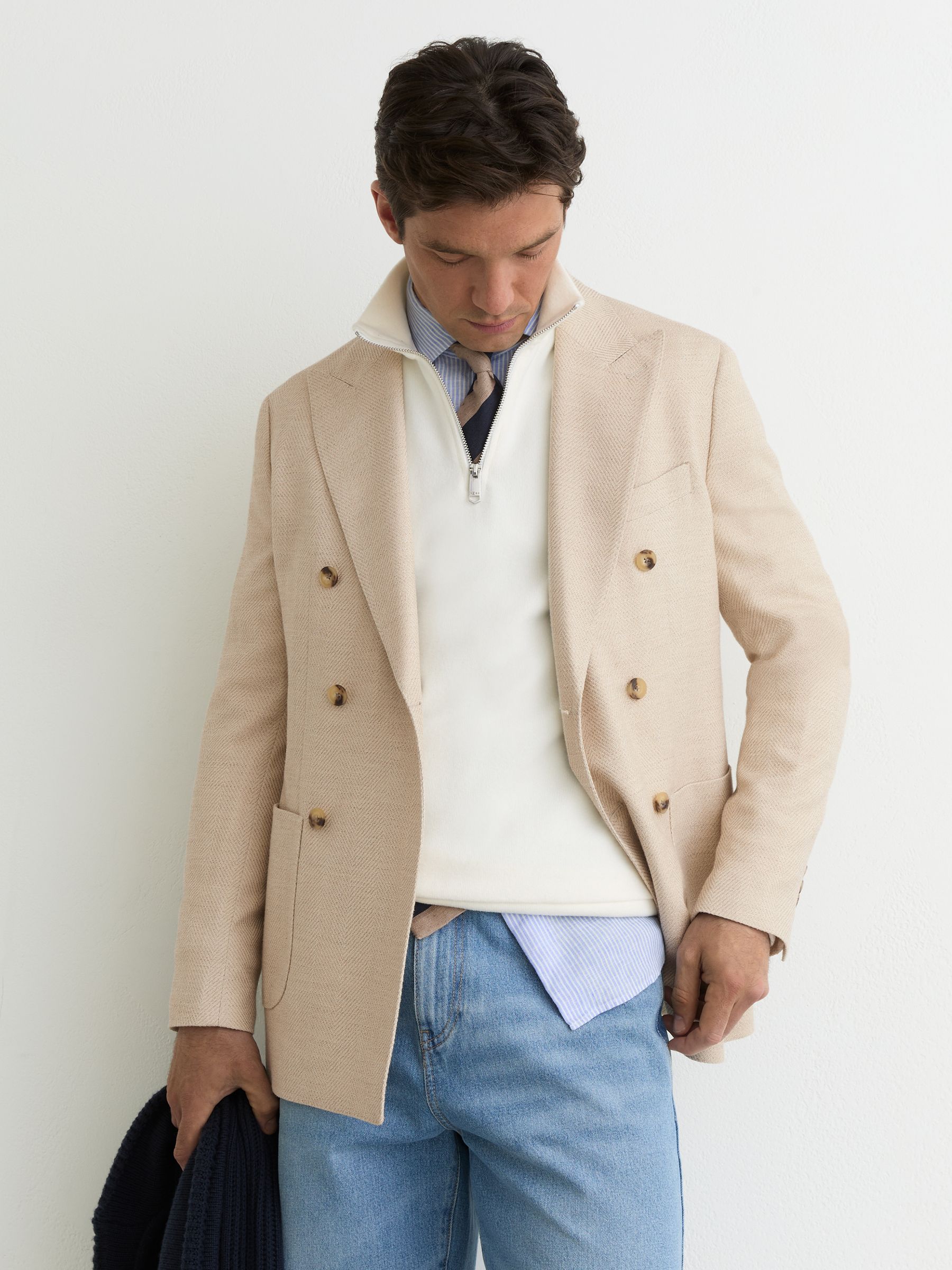 Double-Breasted Herringbone Blazer Tailored-Fit with Cotton in Stone - Image 1 de 9