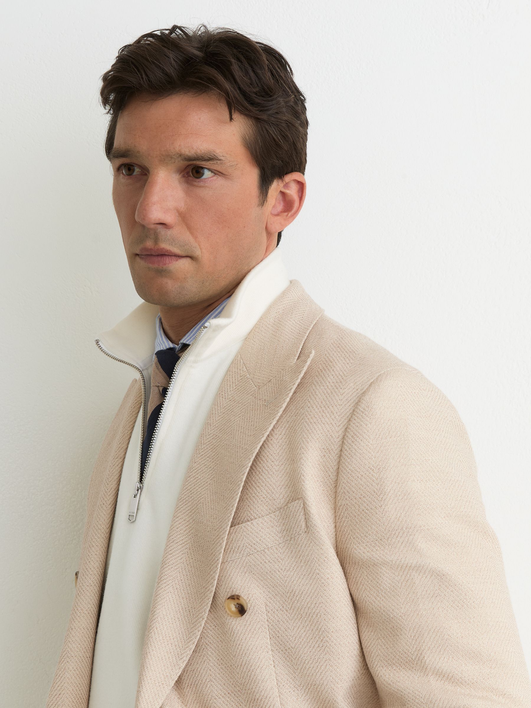 Double-Breasted Herringbone Blazer Tailored-Fit with Cotton in Stone - image 3