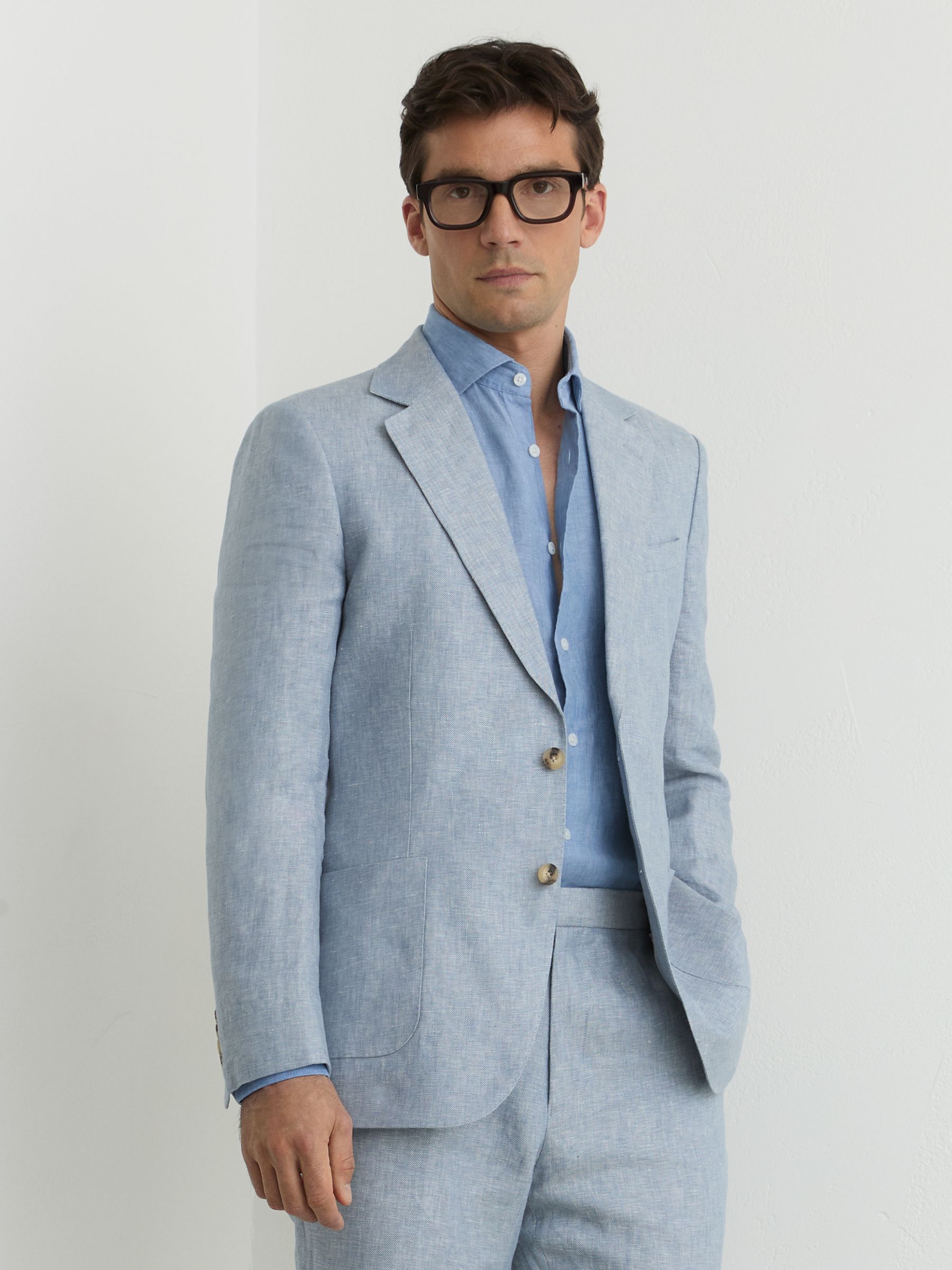 Linen-Twill Single-Breasted Tailored-Fit Blazer in Soft Blue - Image 1 of 8