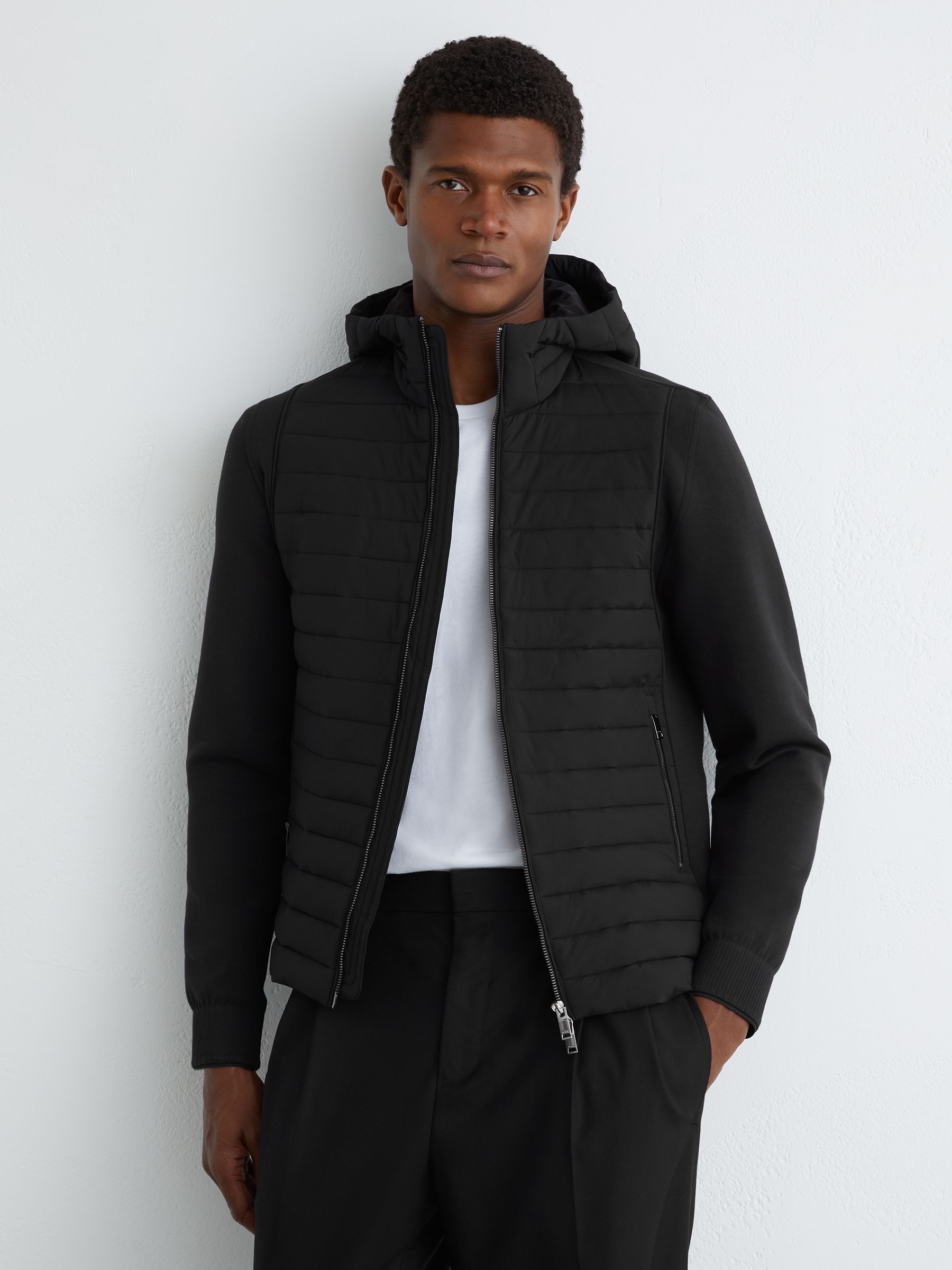Quilted Hybrid Hooded Zip-Front Jacket in Black - Image 1 of 7