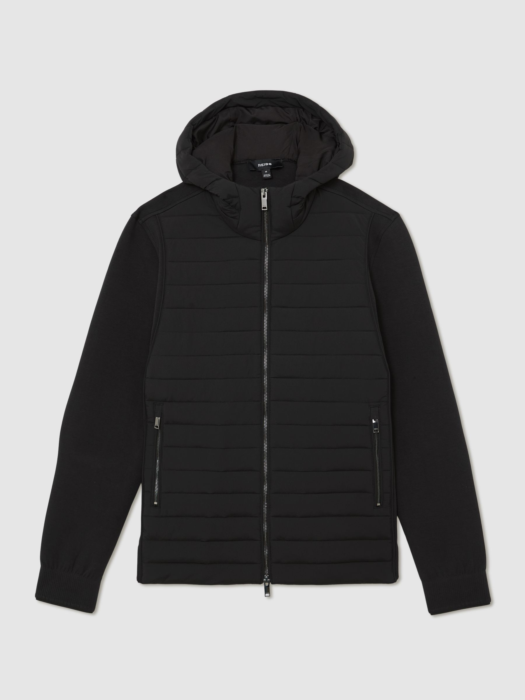 Quilted Hybrid Hooded Zip-Front Jacket in Black - image 1