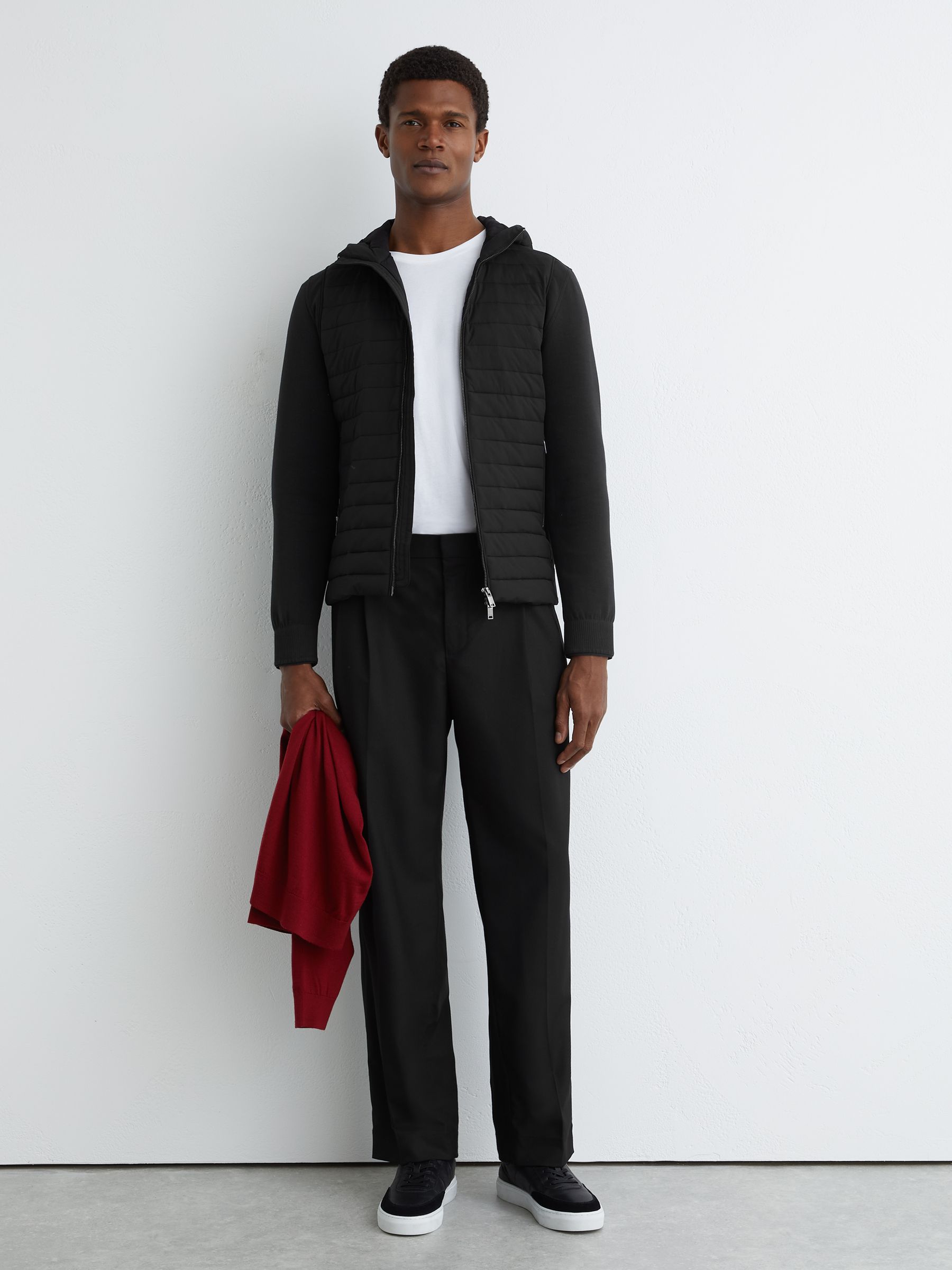 Quilted Hybrid Hooded Zip-Front Jacket in Black - Image 3 of 7