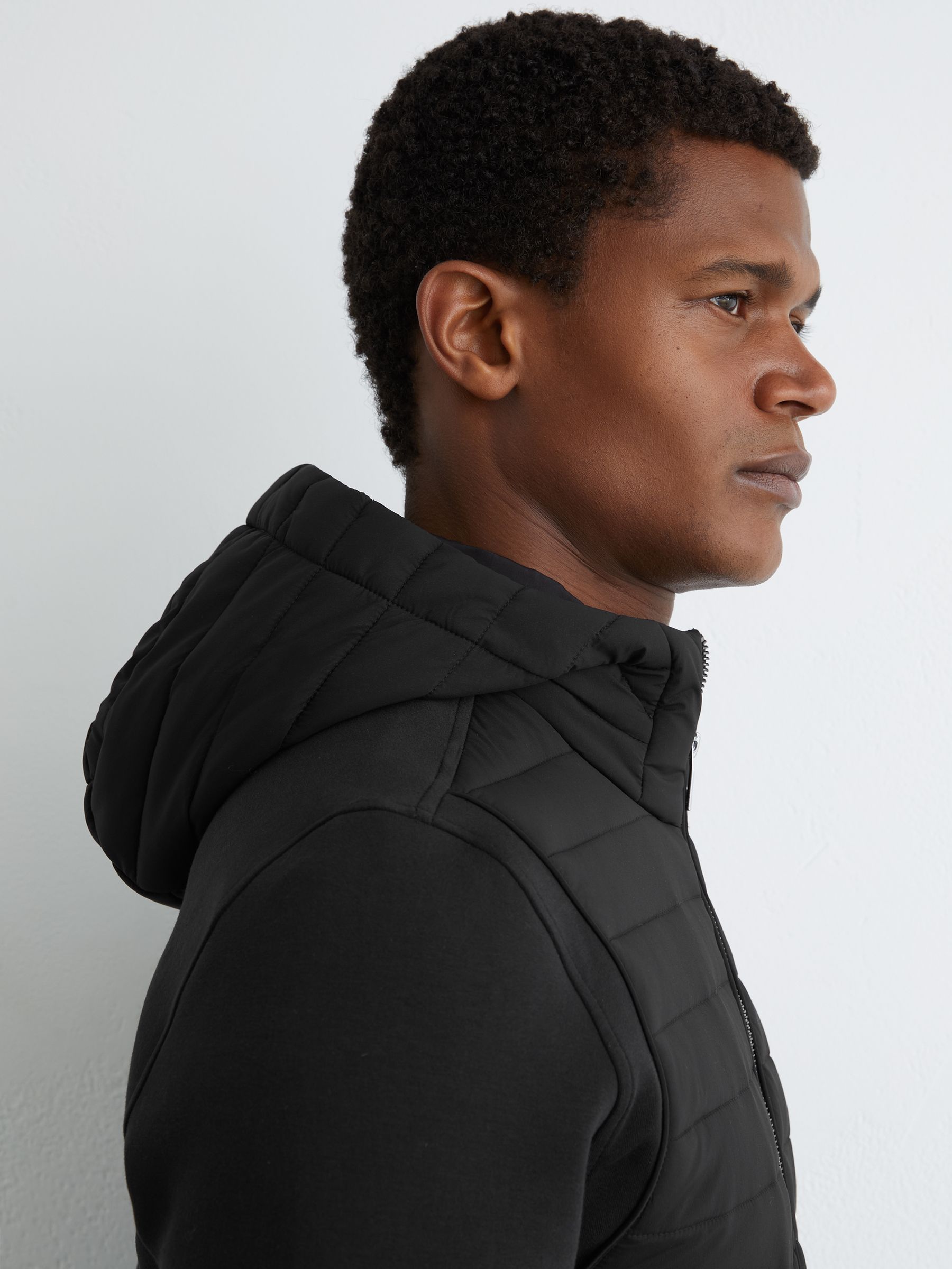 Quilted Hybrid Hooded Zip-Front Jacket in Black - Image 4 of 7