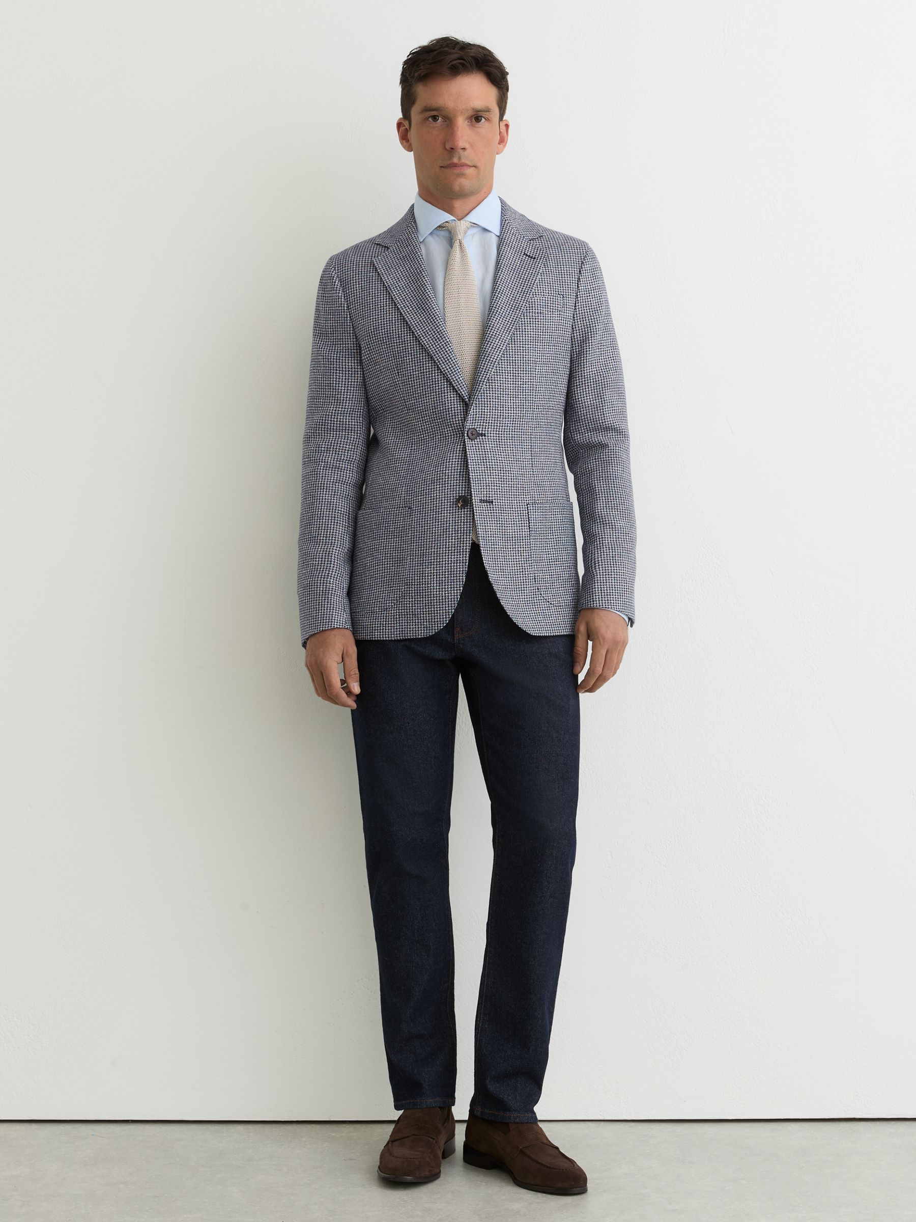 Houndstooth Single-Breasted Blazer Cotton-Blend Tailored-Fit in Navy - Image 4 of 7