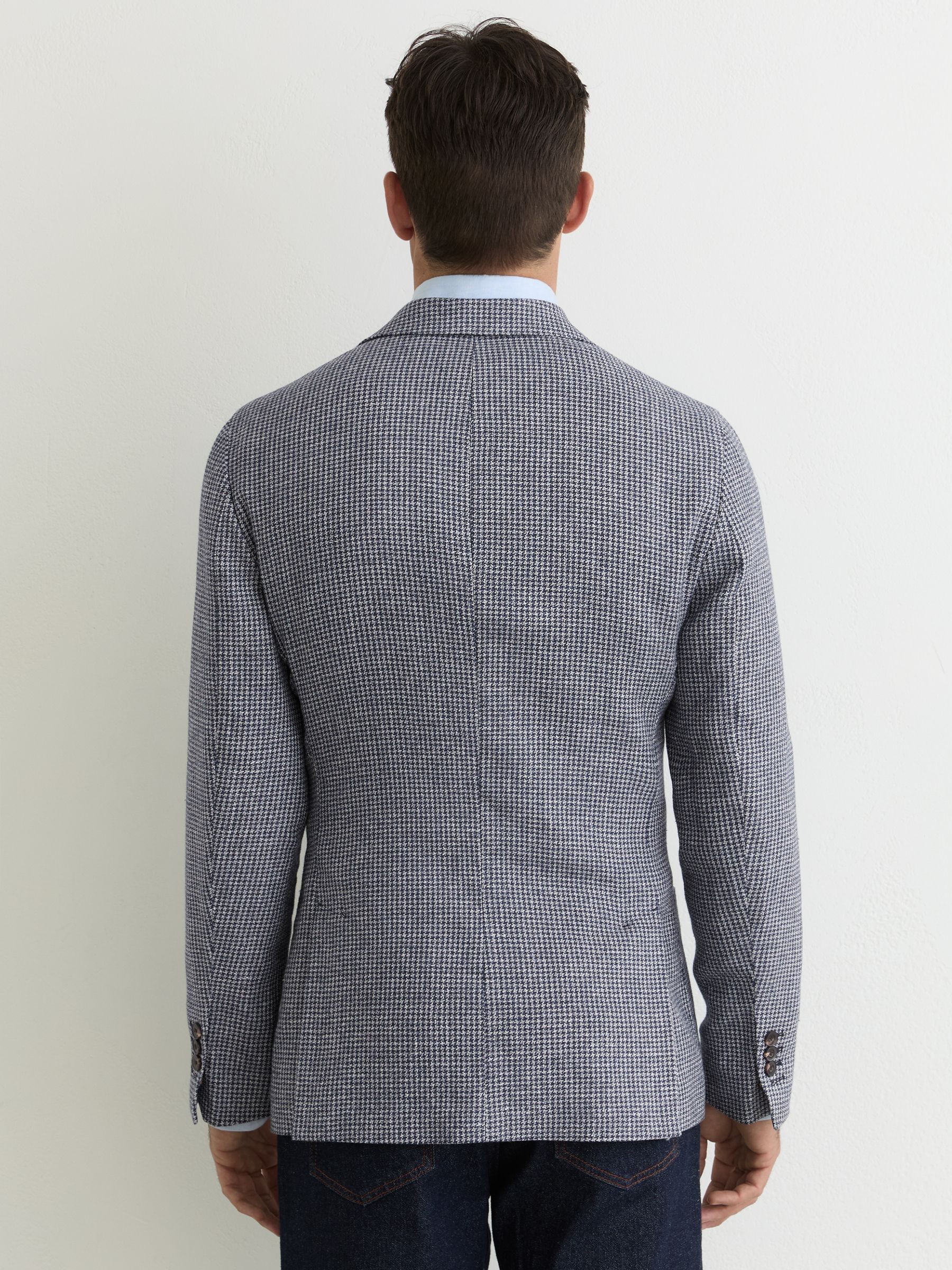 Houndstooth Single-Breasted Blazer Cotton-Blend Tailored-Fit in Navy - Image 5 of 7