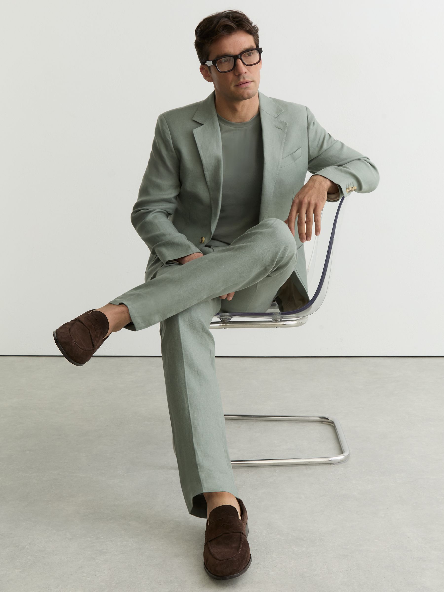 Linen-Twill Tailored-Fit Suit Trousers in Sage - Image 5 de 7