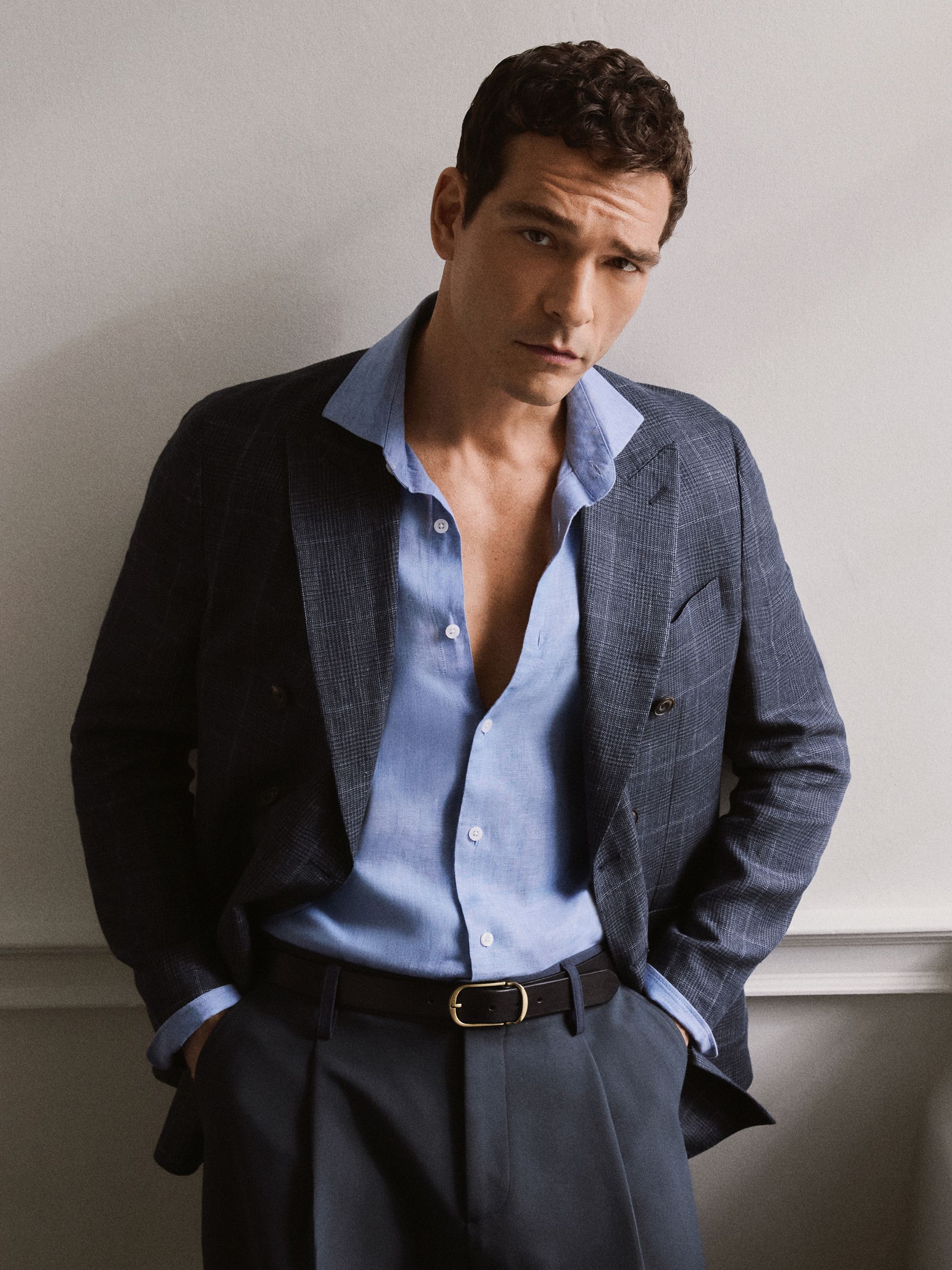 Linen Check Double-Breasted Tailored-Fit Blazer in Navy - image 3