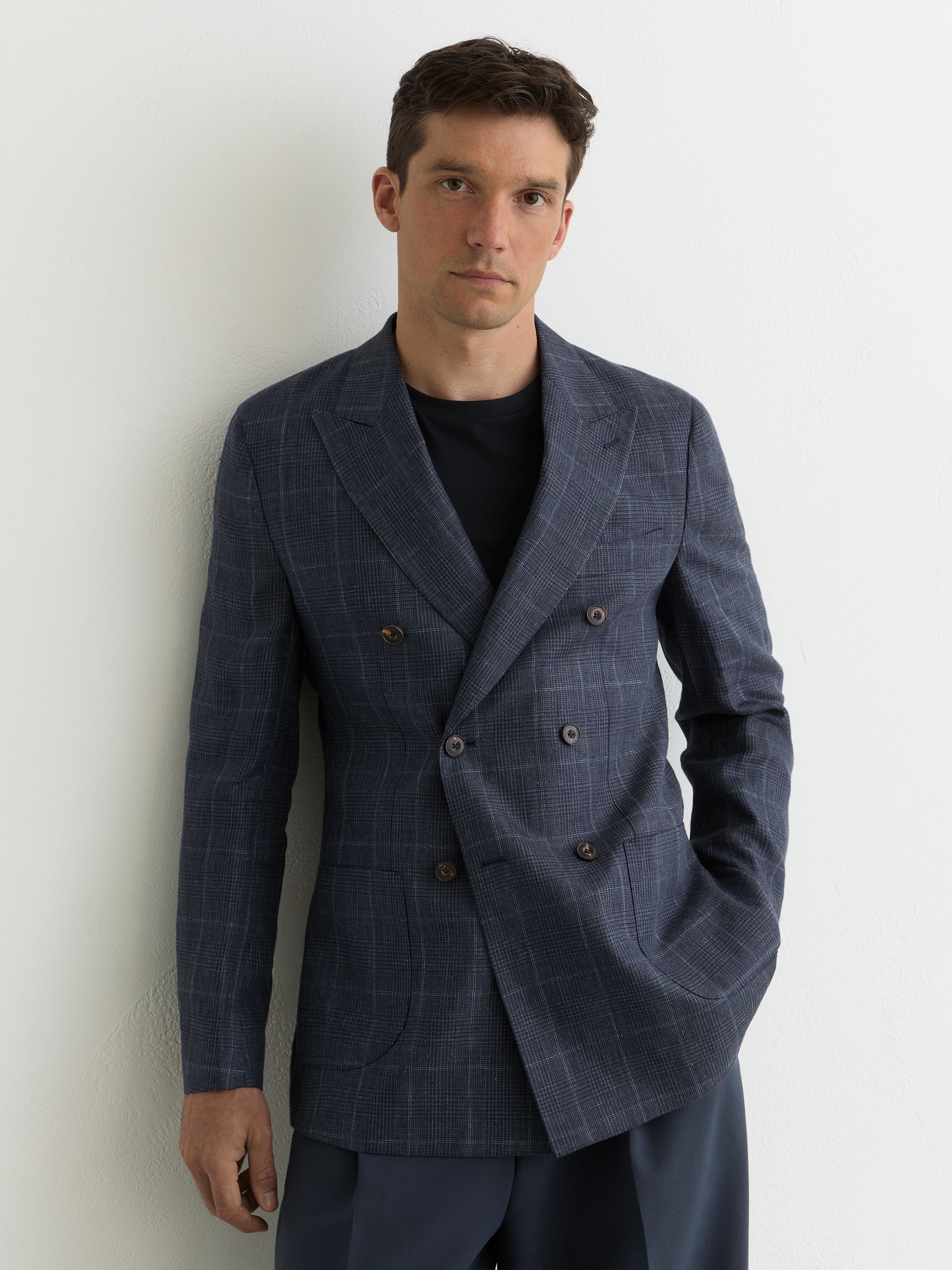 Linen Check Double-Breasted Tailored-Fit Blazer in Navy - Image 1 of 8