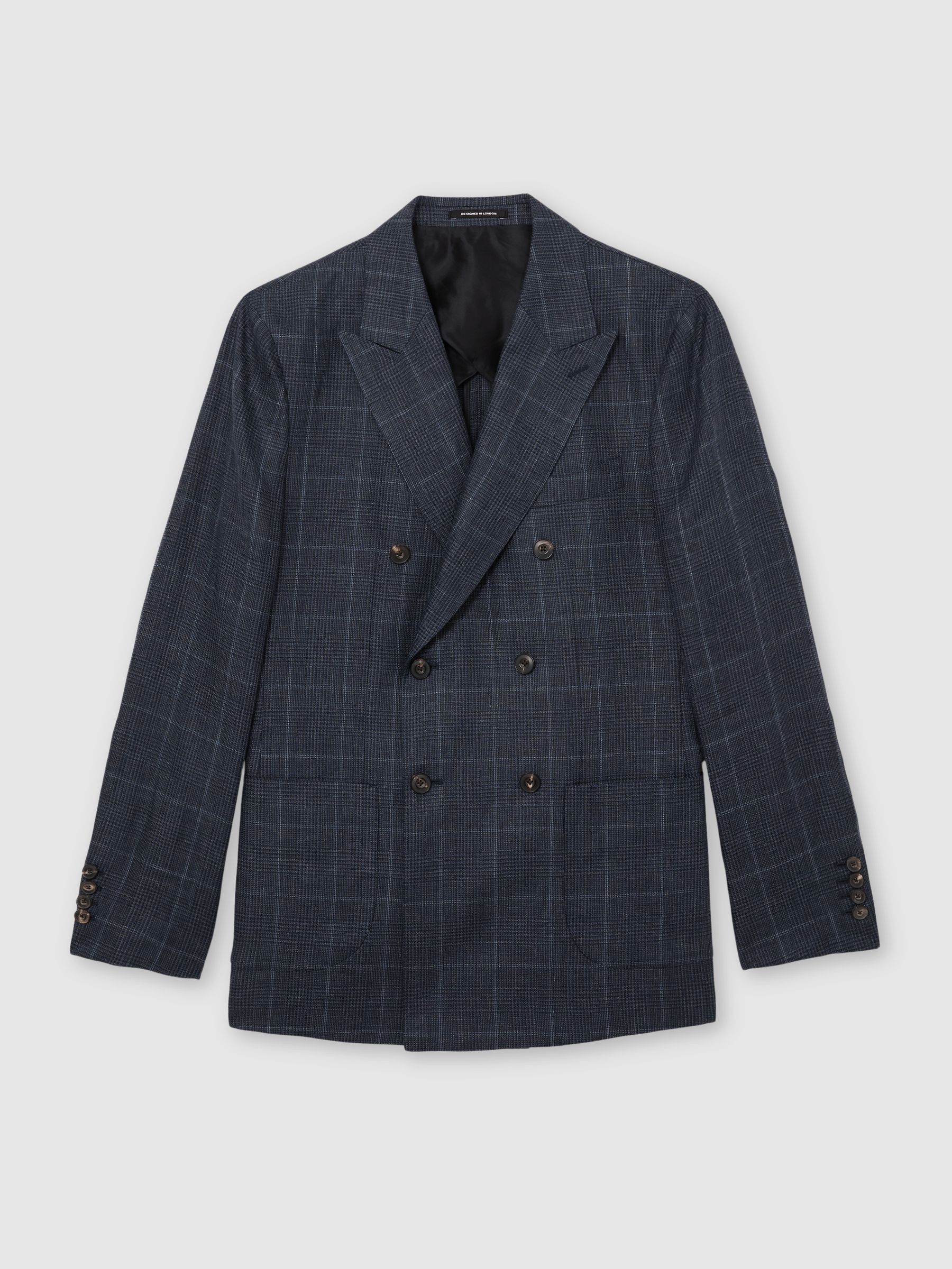 Linen Check Double-Breasted Tailored-Fit Blazer in Navy - Image 2 of 8