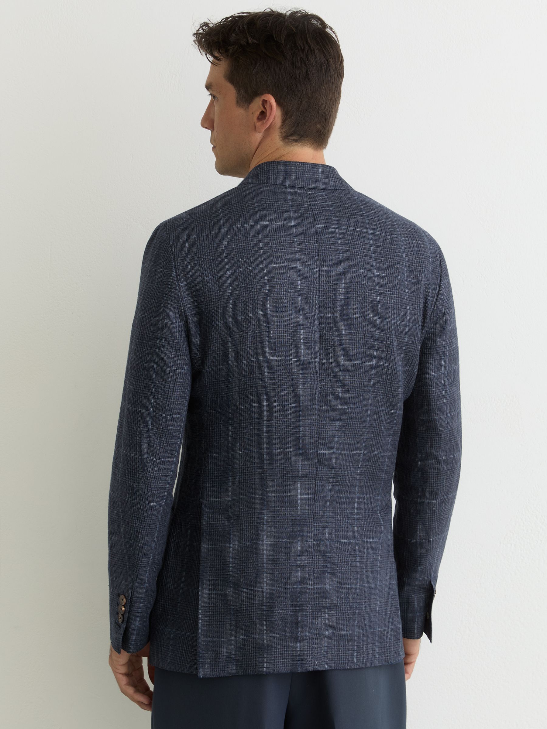 Linen Check Double-Breasted Tailored-Fit Blazer in Navy - image 4