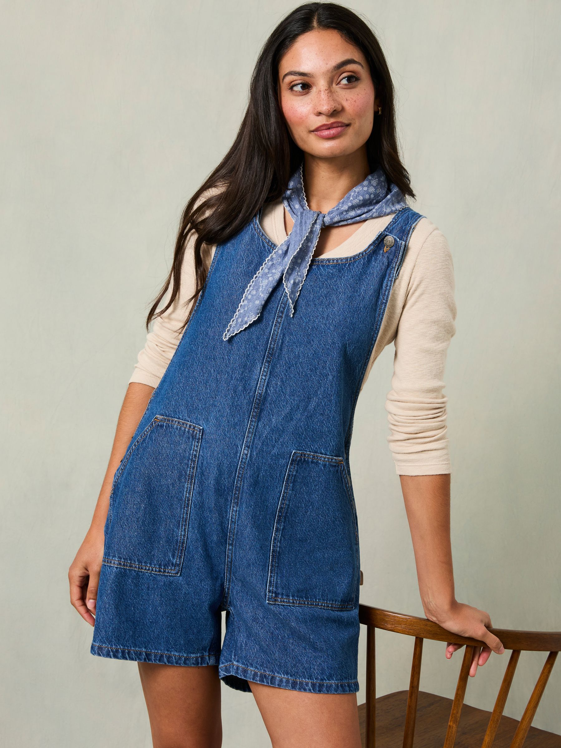 FatFace Raffles Denim Short Dungaree styled