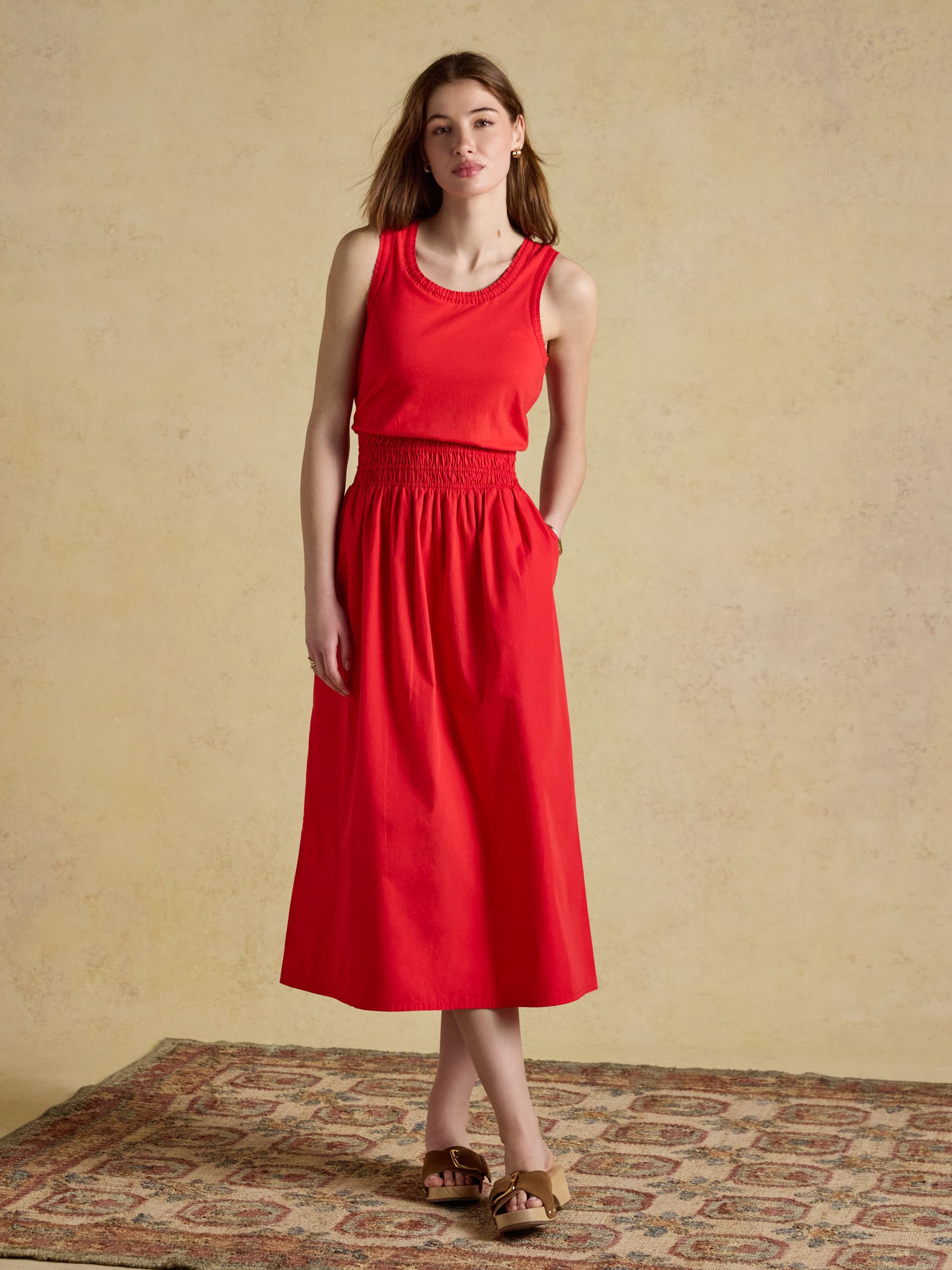 Jade Red Sleeveless Jersey Woven Midi Dress | Joules