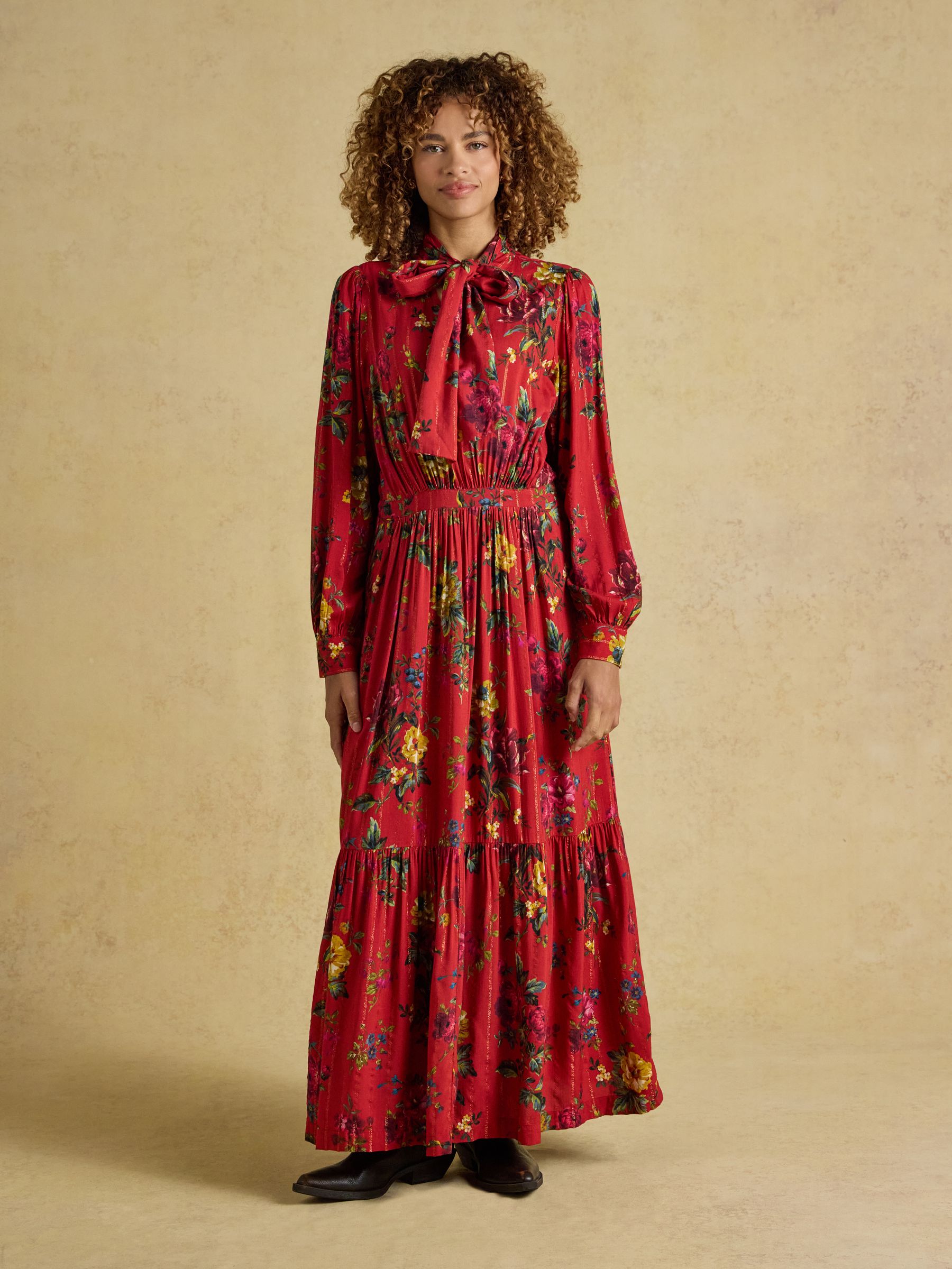 Everly Red Floral Tie Neck Dress - Image 1 of 7