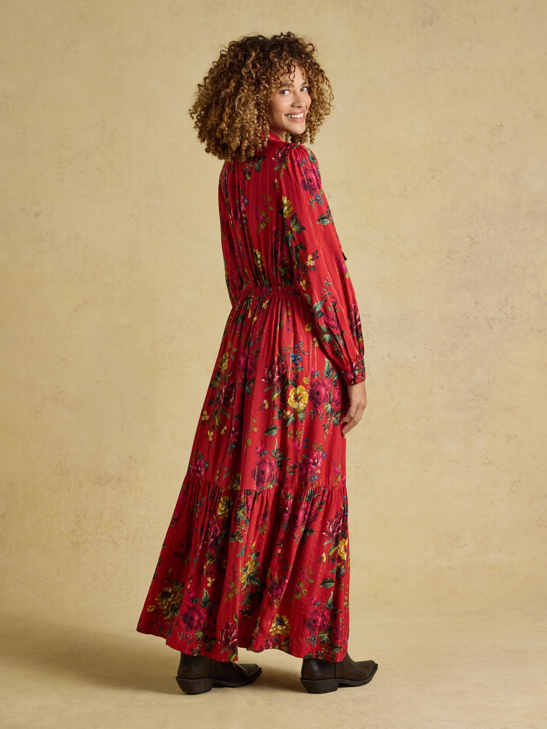 Everly Red Floral Tie Neck Dress - Image 2 of 7 Everly Red Floral Tie Neck Dress - Image 2 of 7