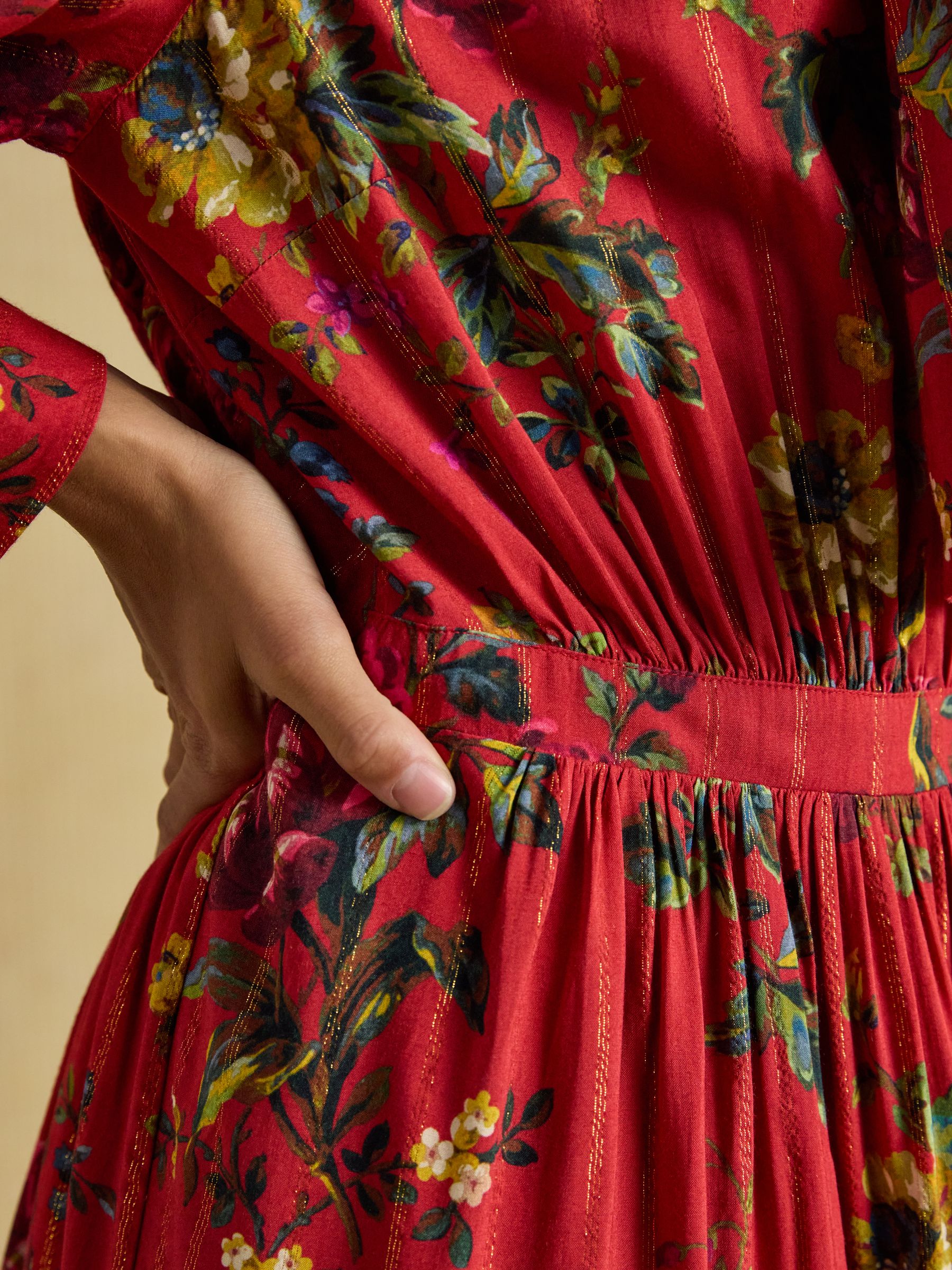 Everly Red Floral Tie Neck Dress - Image 3 of 7
