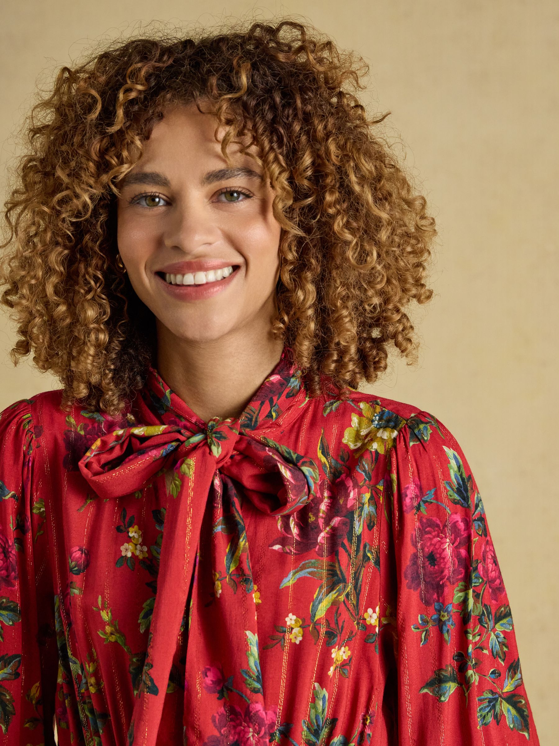 Everly Red Floral Tie Neck Dress - Image 4 of 7