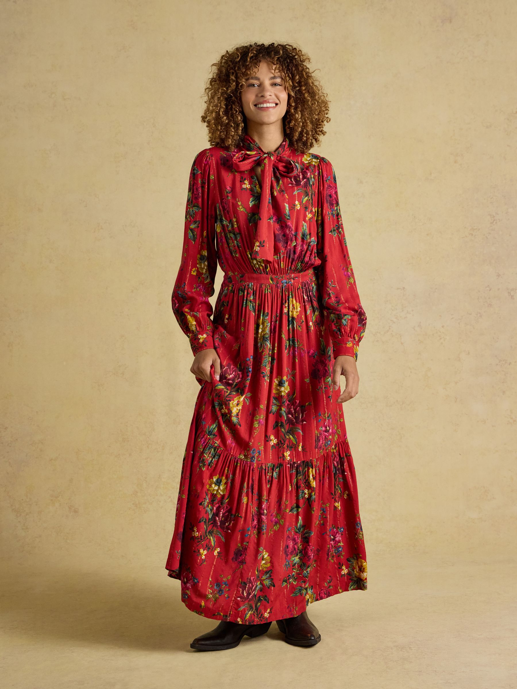 Everly Red Floral Tie Neck Dress - Image 5 of 7