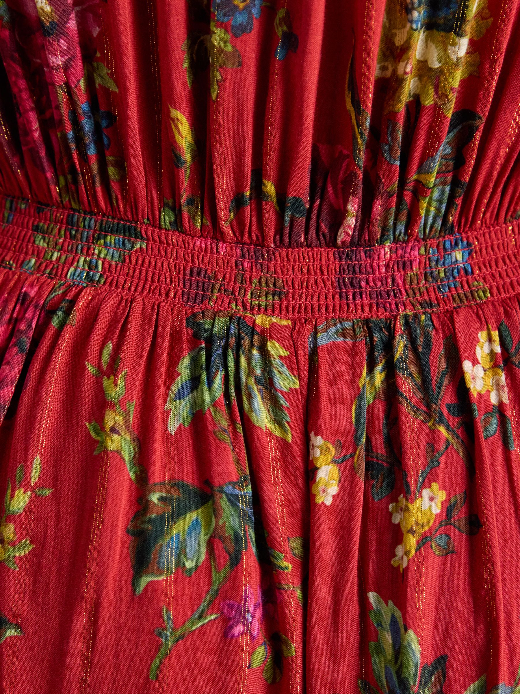 Everly Red Floral Tie Neck Dress - Image 6 of 7