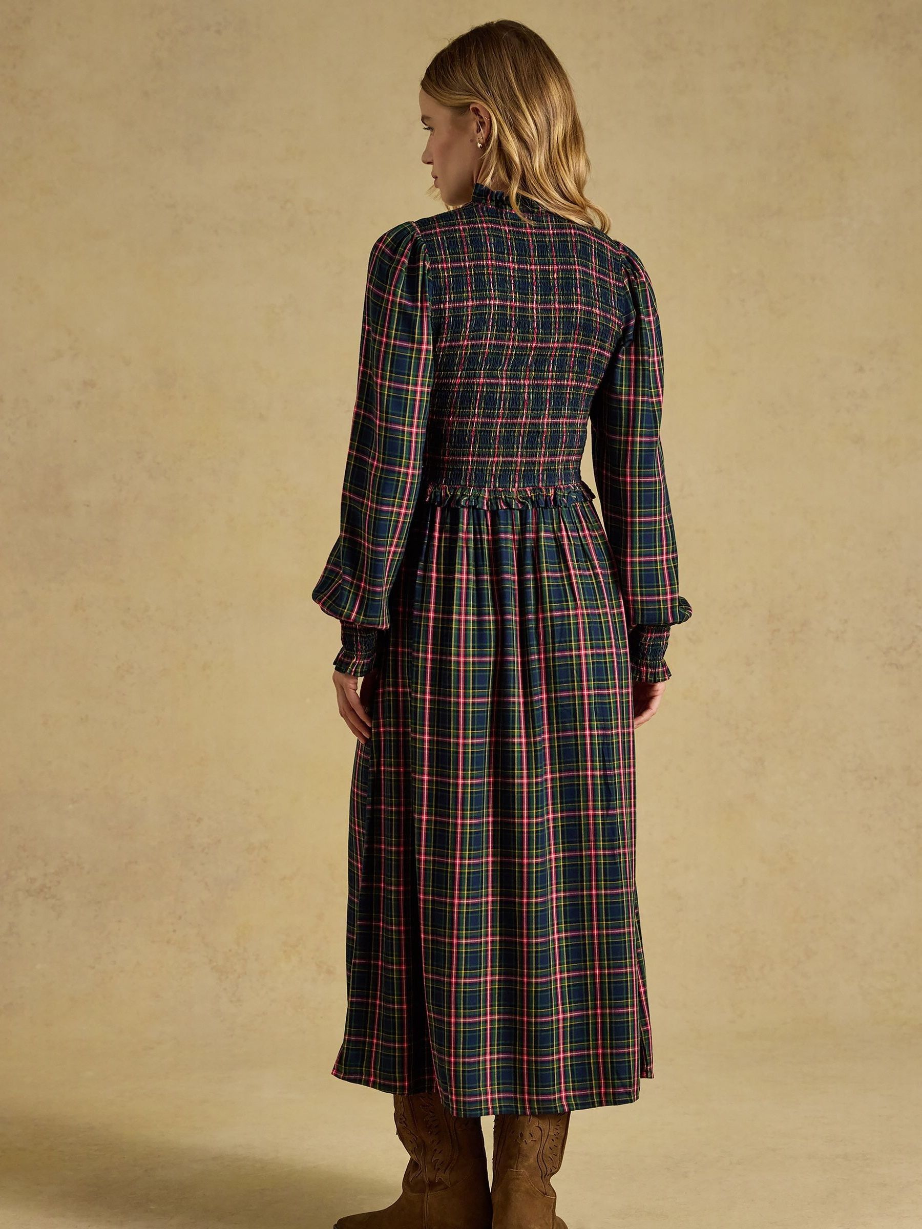 Emilie Navy Check Smocked Midi Dress - Image 2 of 7 Emilie Navy Check Smocked Midi Dress - Image 2 of 7