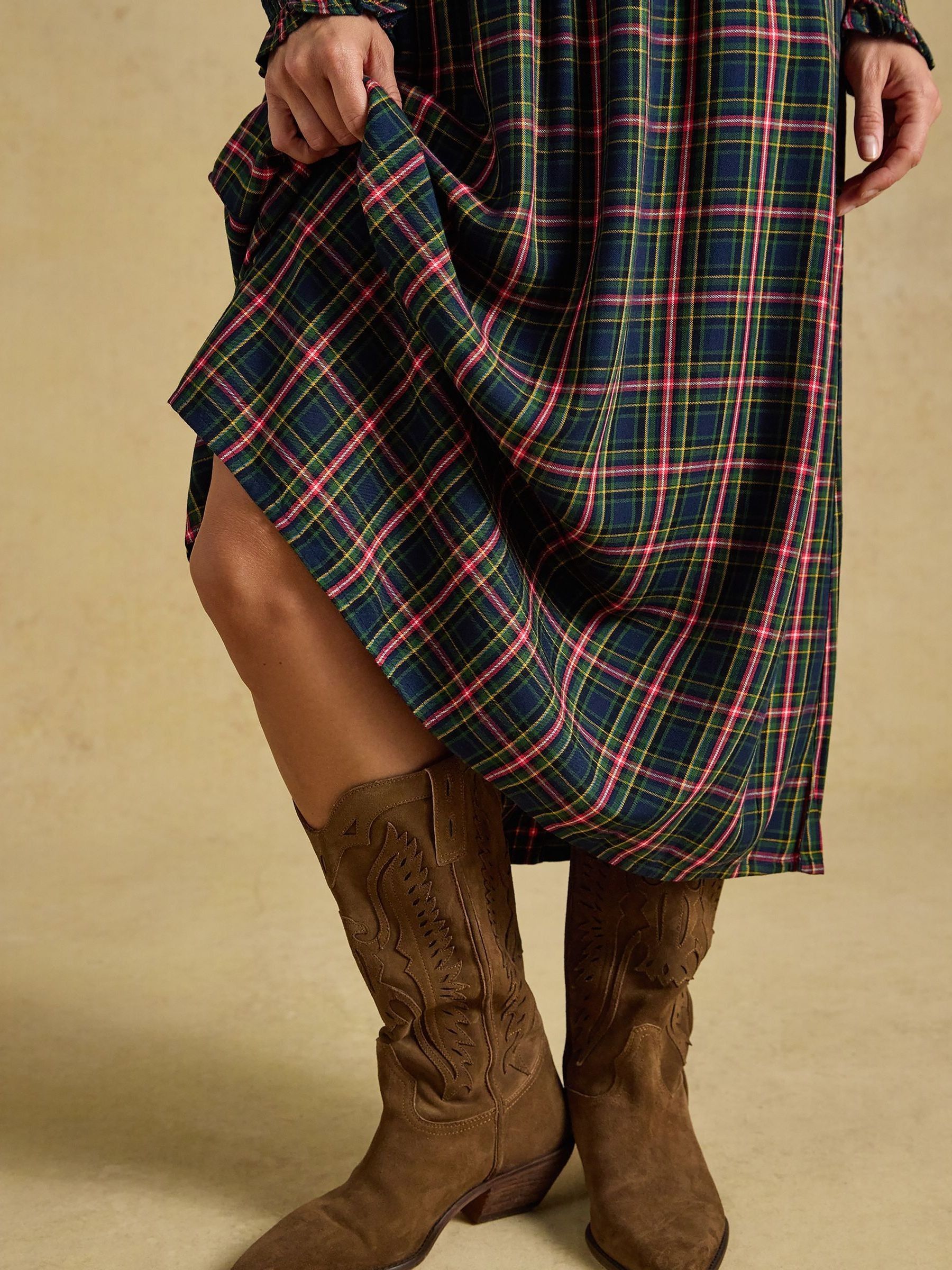 Emilie Navy Check Smocked Midi Dress - Image 3 of 7