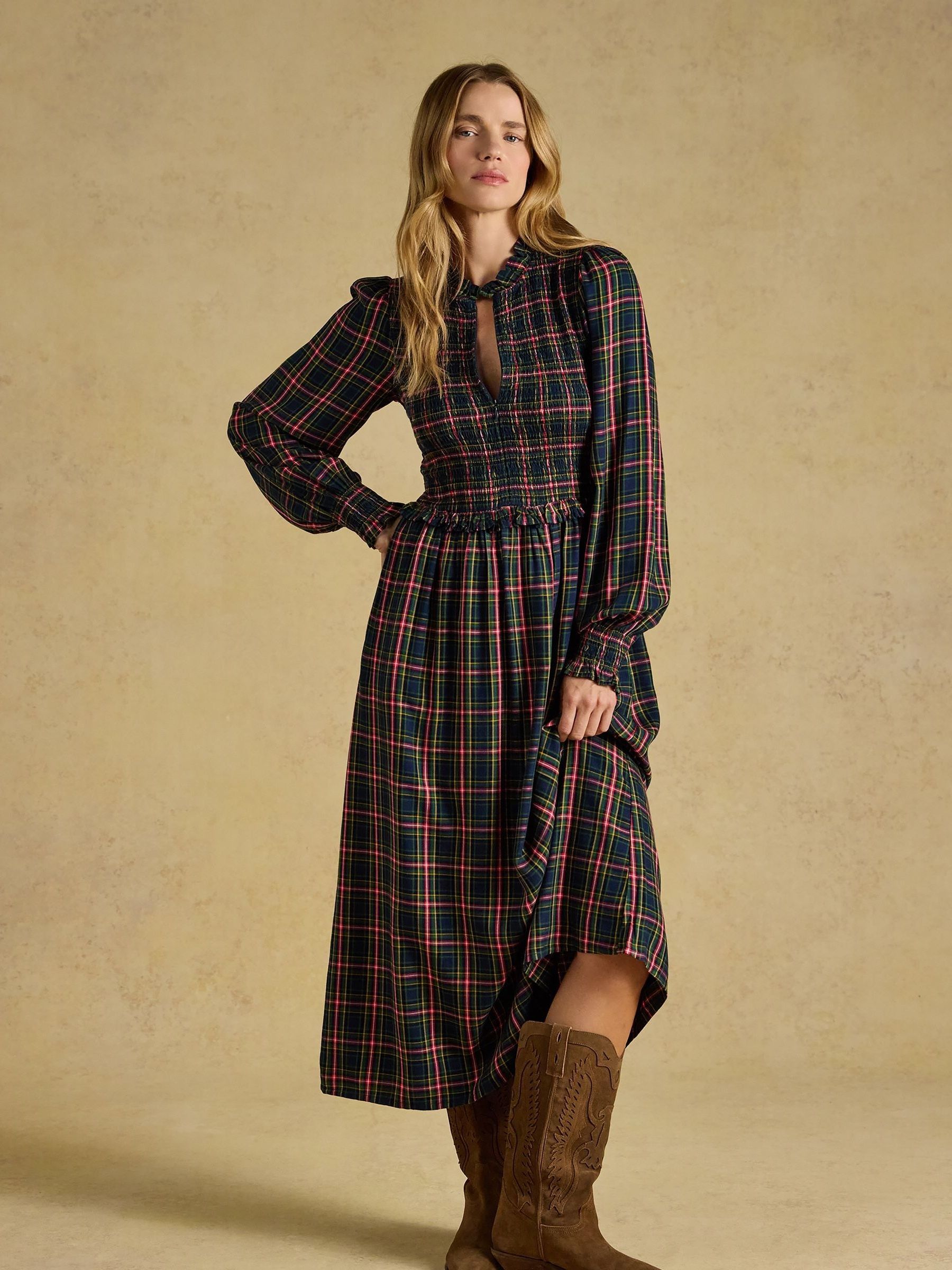 Emilie Navy Check Smocked Midi Dress - Image 5 of 7