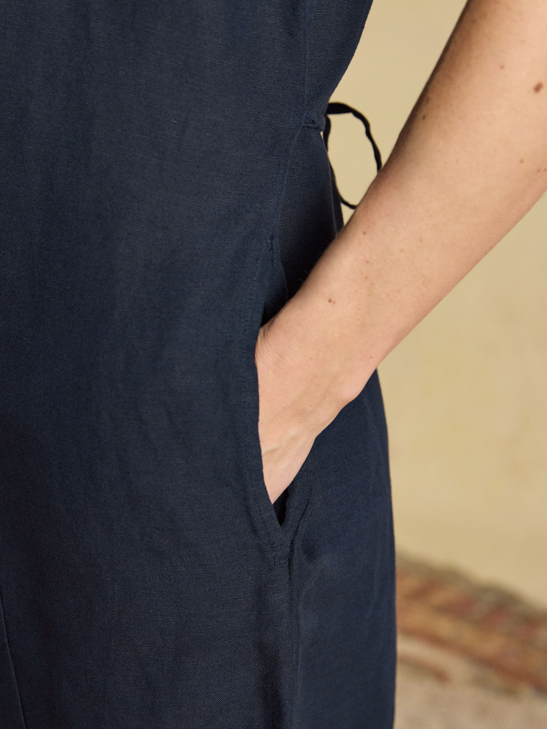 Delphine Navy V Neck Shift Dress With Linen - Image 4 of 7
