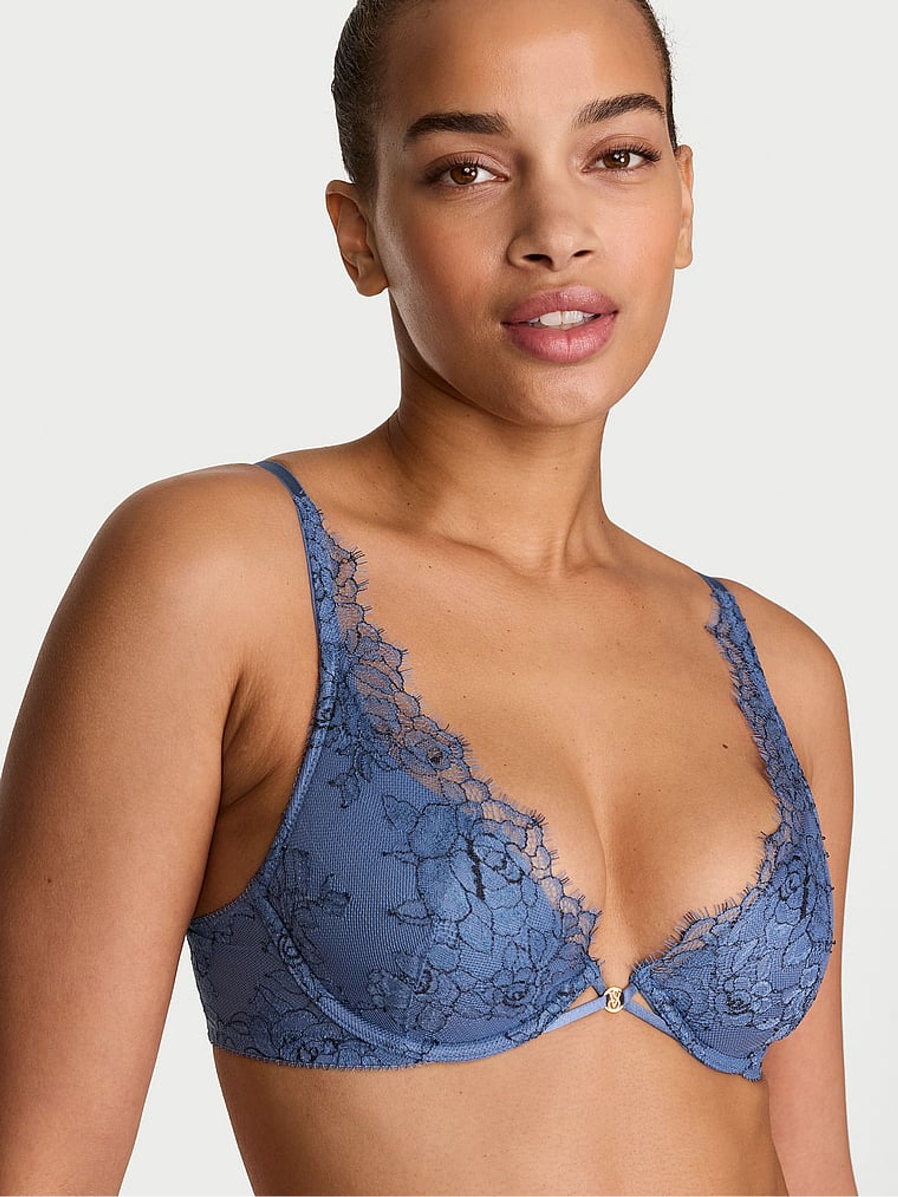 Denim Blue Rose Plunge Lace Bra - Image 1 of 2