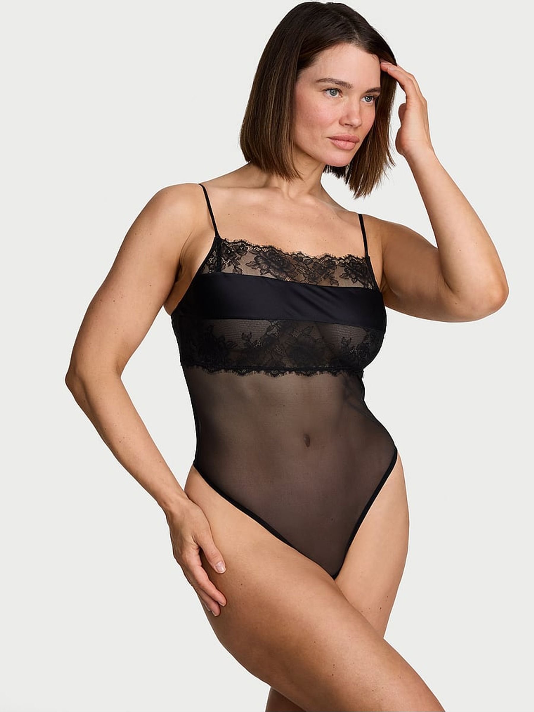 Black Lace & Mesh Straight Neck Bodysuit - Image 1 of 2
